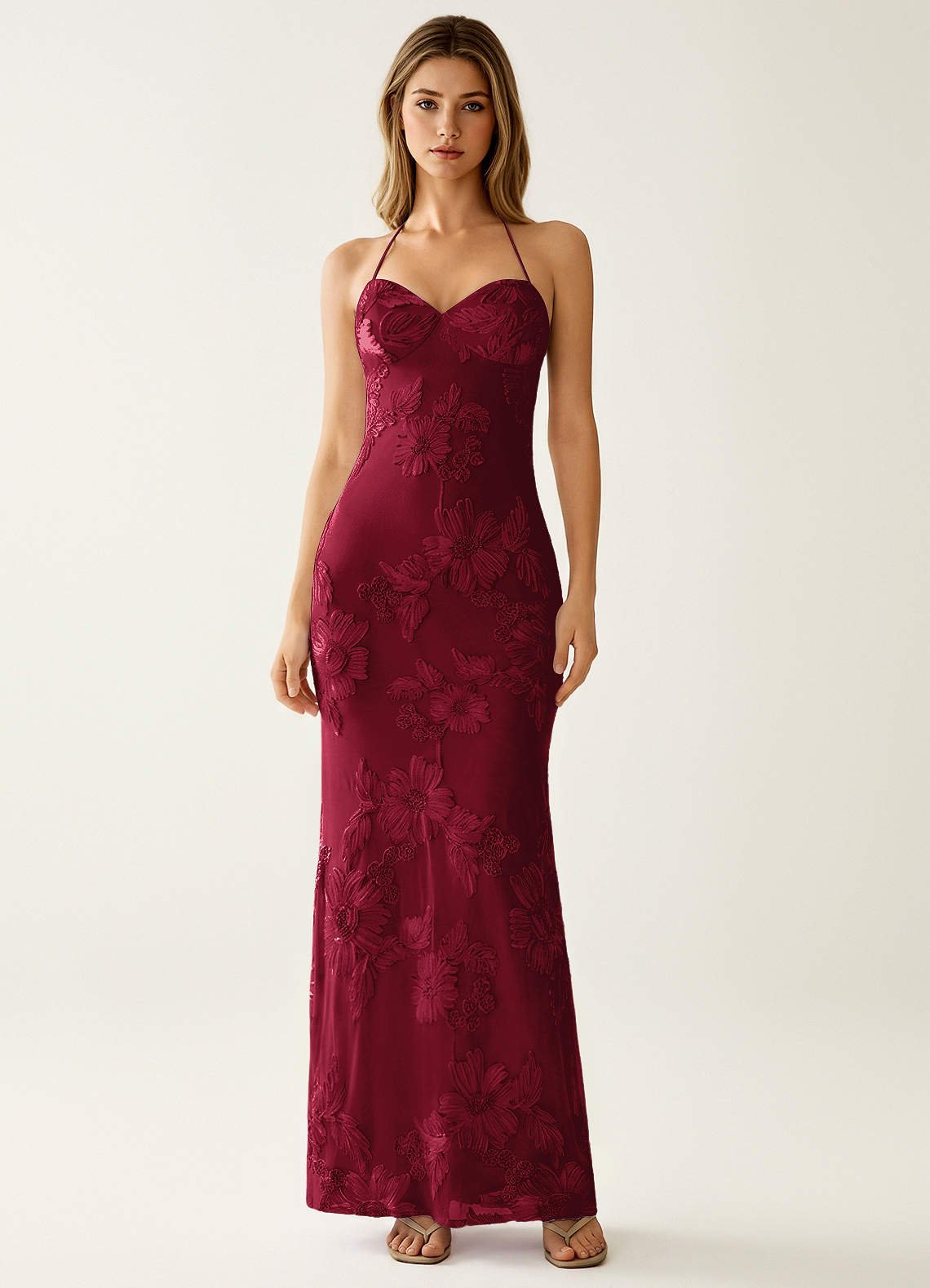 Nasasiya Mermaid Halter-Neck Stretch Lace Prom Dress in Burgundy
