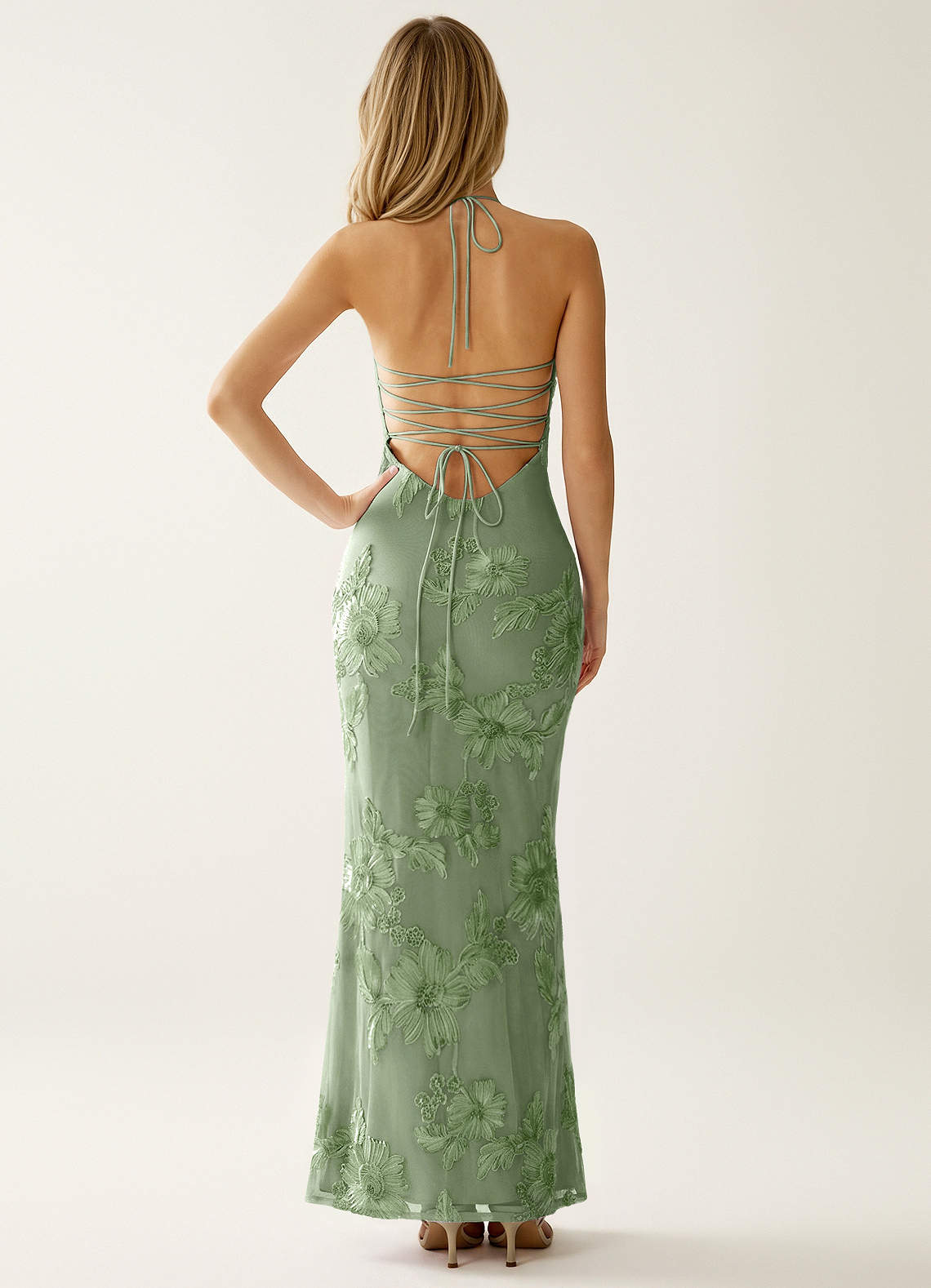 Nasasiya Mermaid Halter-Neck Stretch Lace Prom Dress in Sage