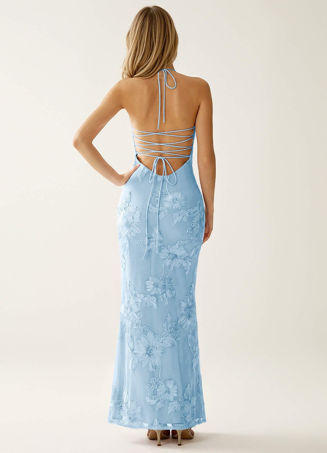 Nasasiya Mermaid Halter-Neck Stretch Lace Prom Dress in Sky Blue