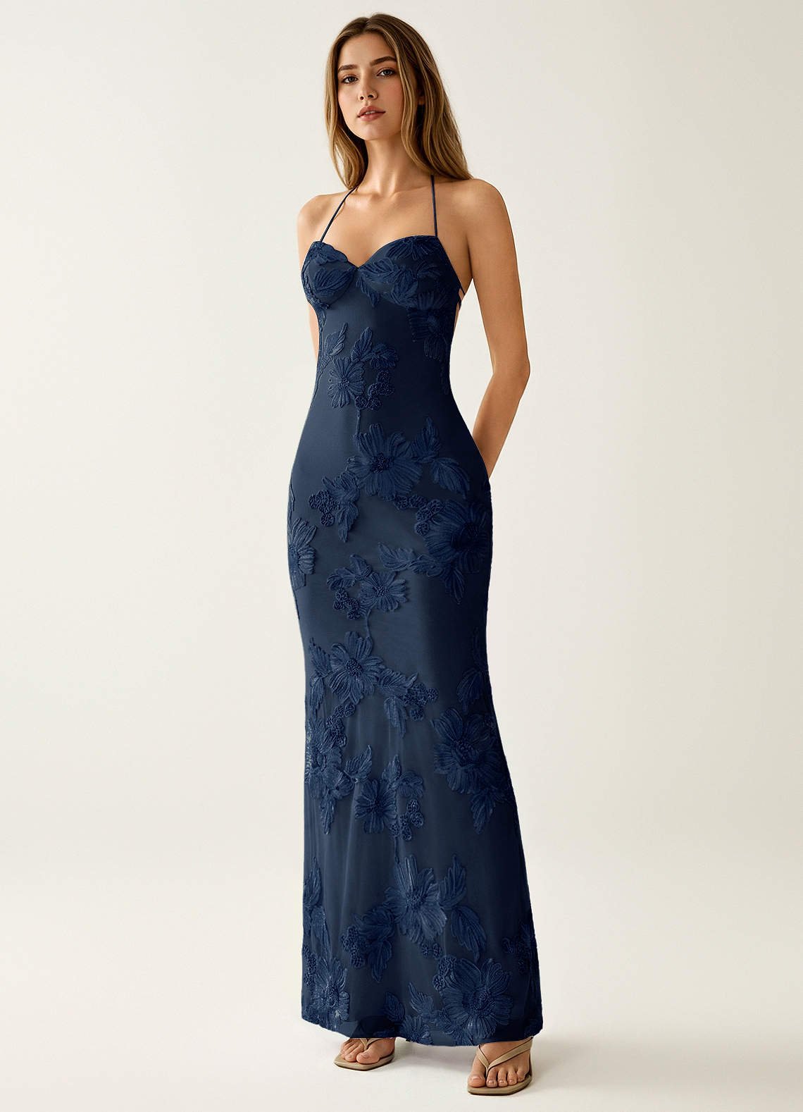Nasasiya Mermaid Halter-Neck Stretch Lace Prom Dress in Navy Blue