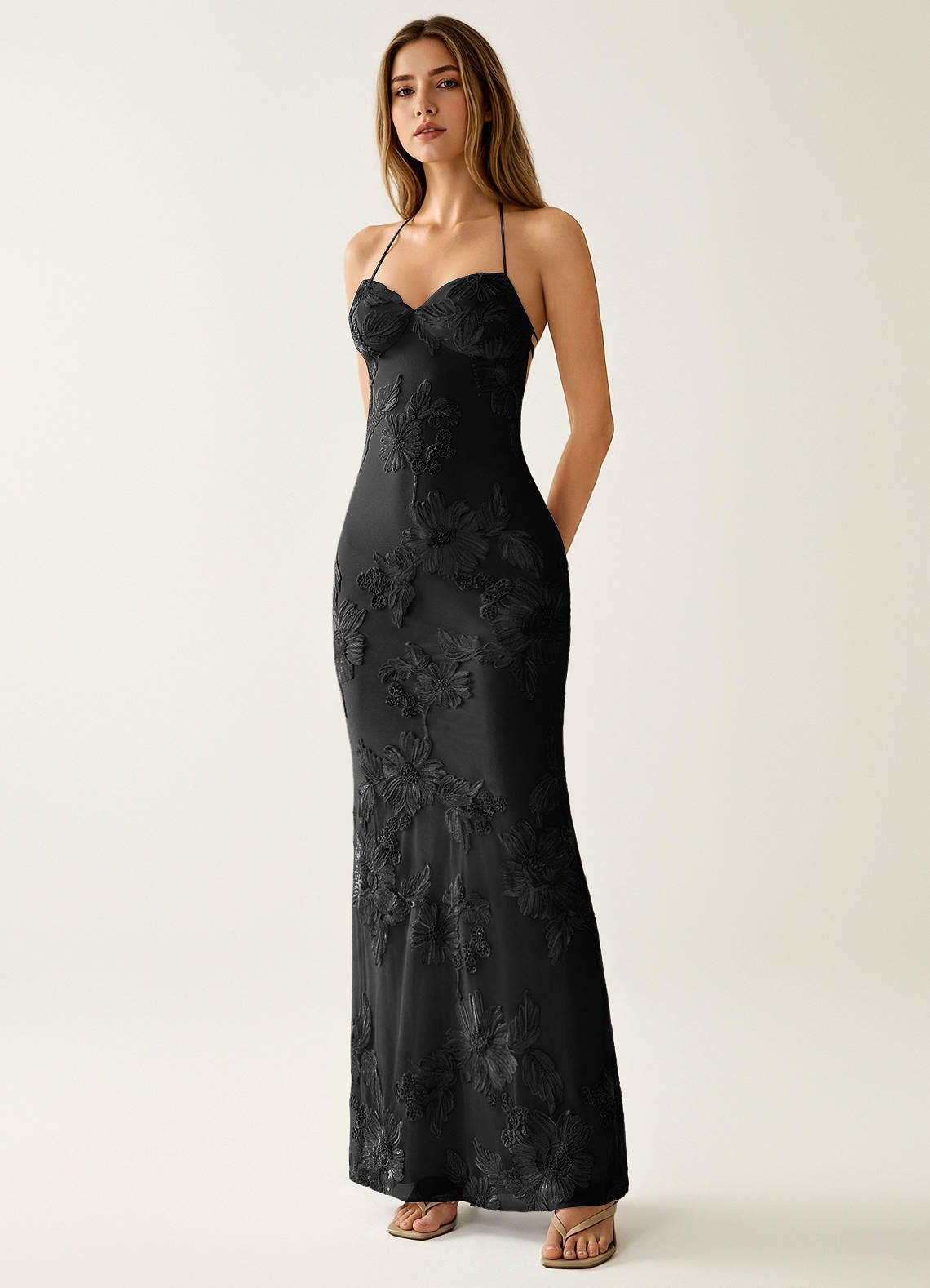 Nasasiya Mermaid Halter-Neck Stretch Lace Prom Dress in black