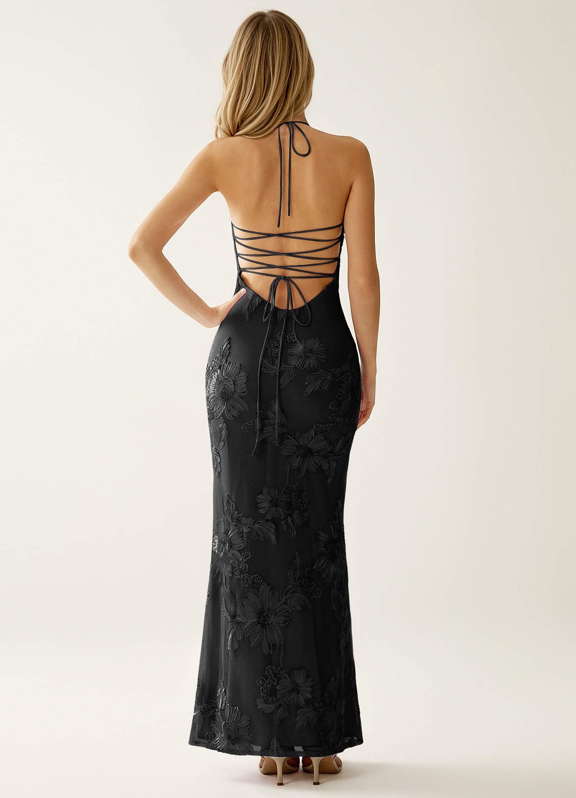 Nasasiya Mermaid Halter-Neck Stretch Lace Prom Dress in black