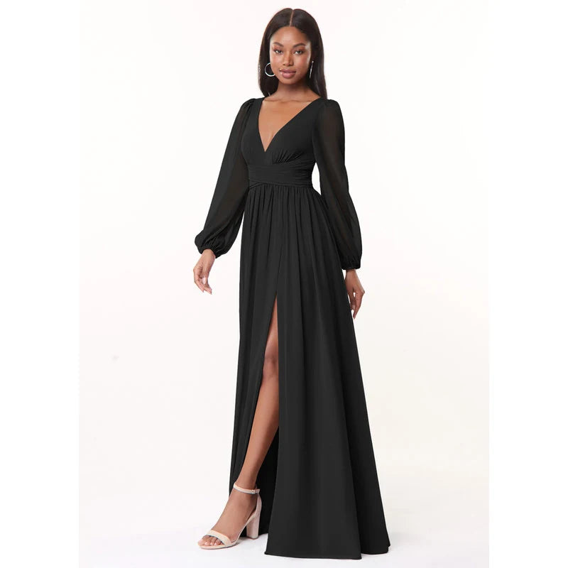 Norah A-Line V-Neck Chiffon Bridesmaid Dress in black - additional angle