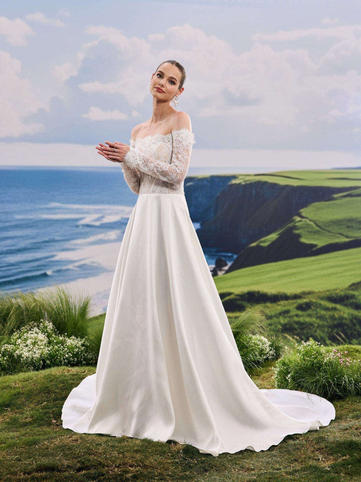Nivelle white A-Line wedding dress, detail and alternate angle