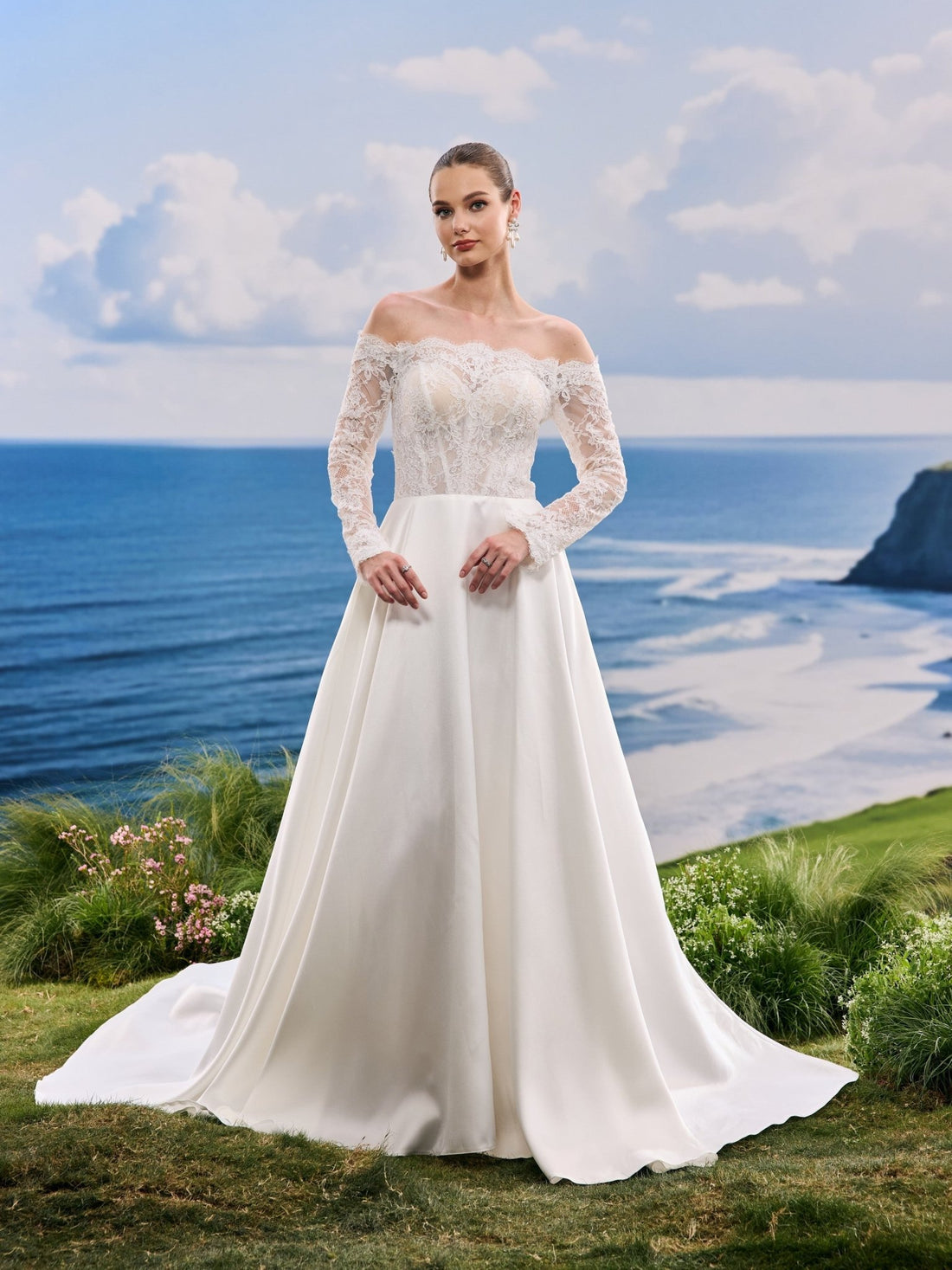 Nivelle white A-Line wedding dress, front view