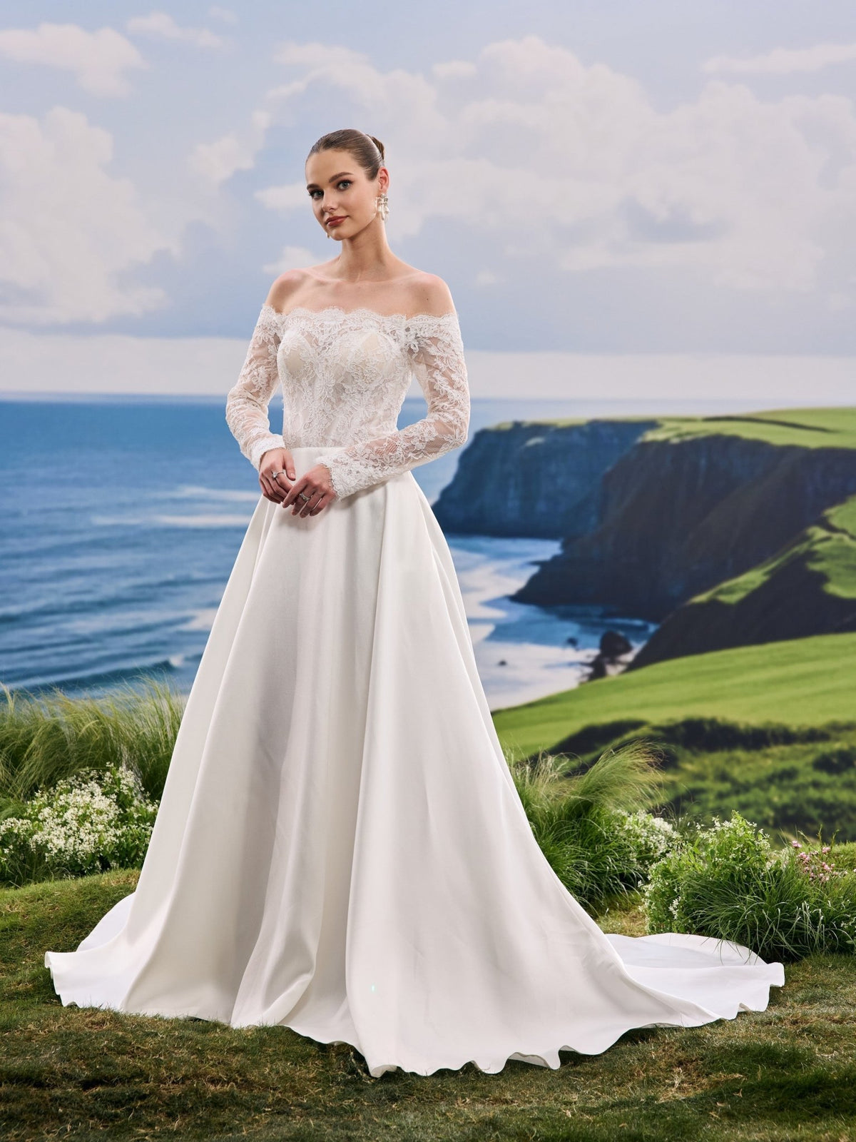 Nivelle white A-Line wedding dress, detail and alternate angle