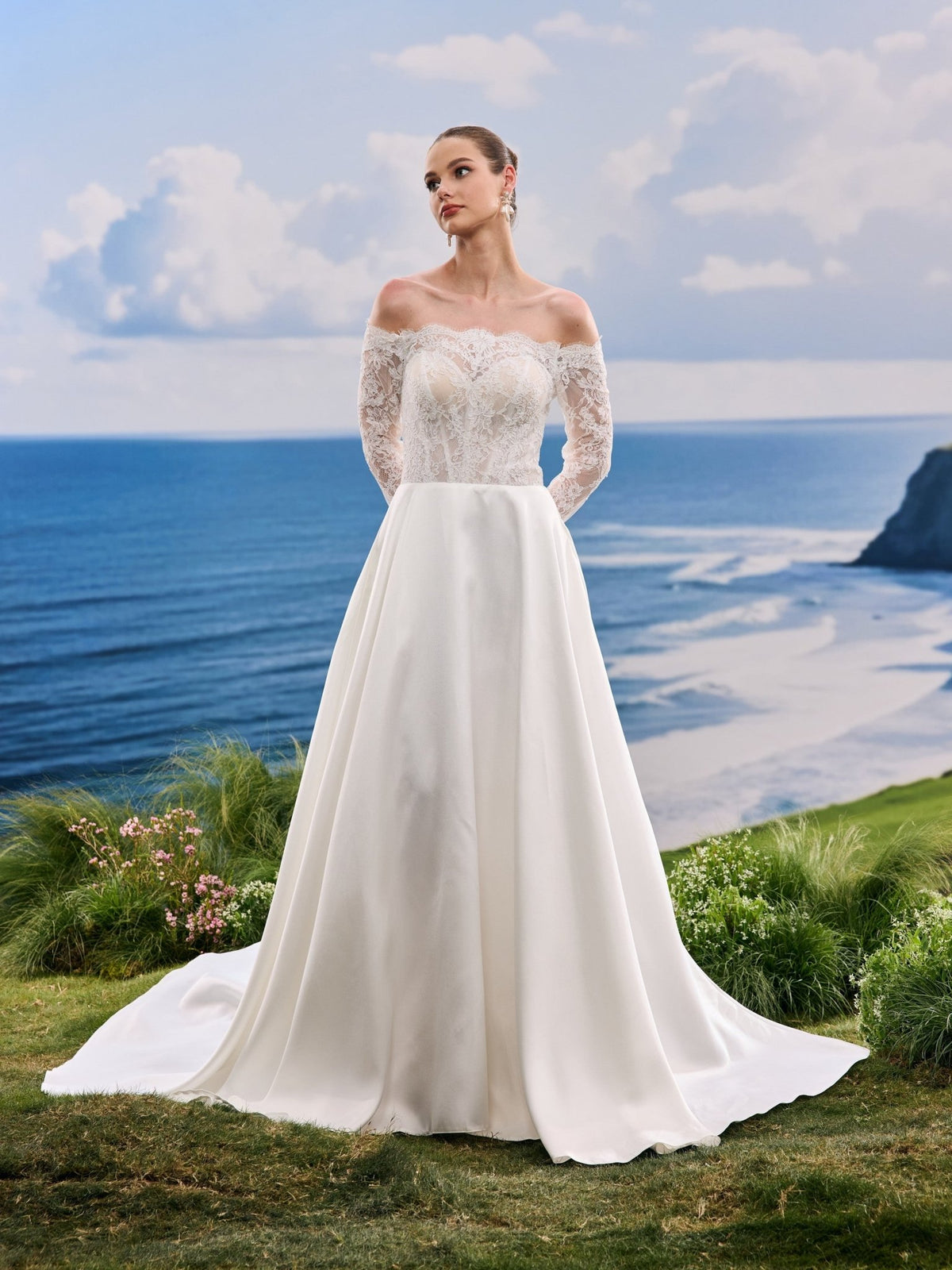 Nivelle white A-Line wedding dress, detail and alternate angle