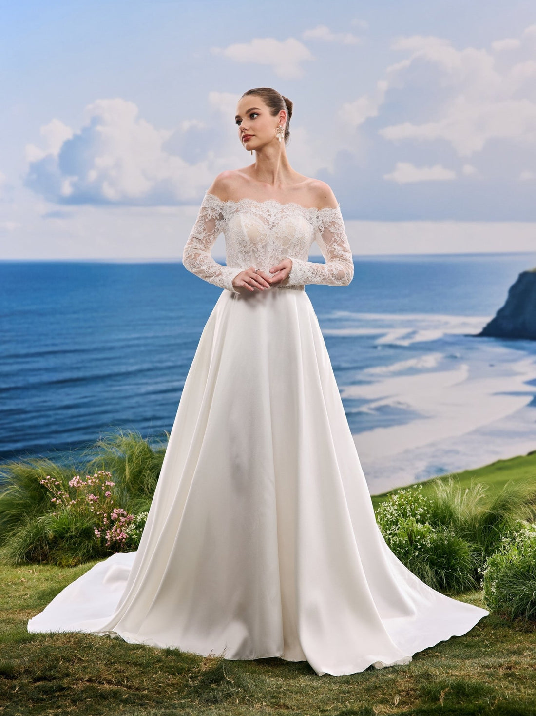 Nivelle white A-Line wedding dress, front view