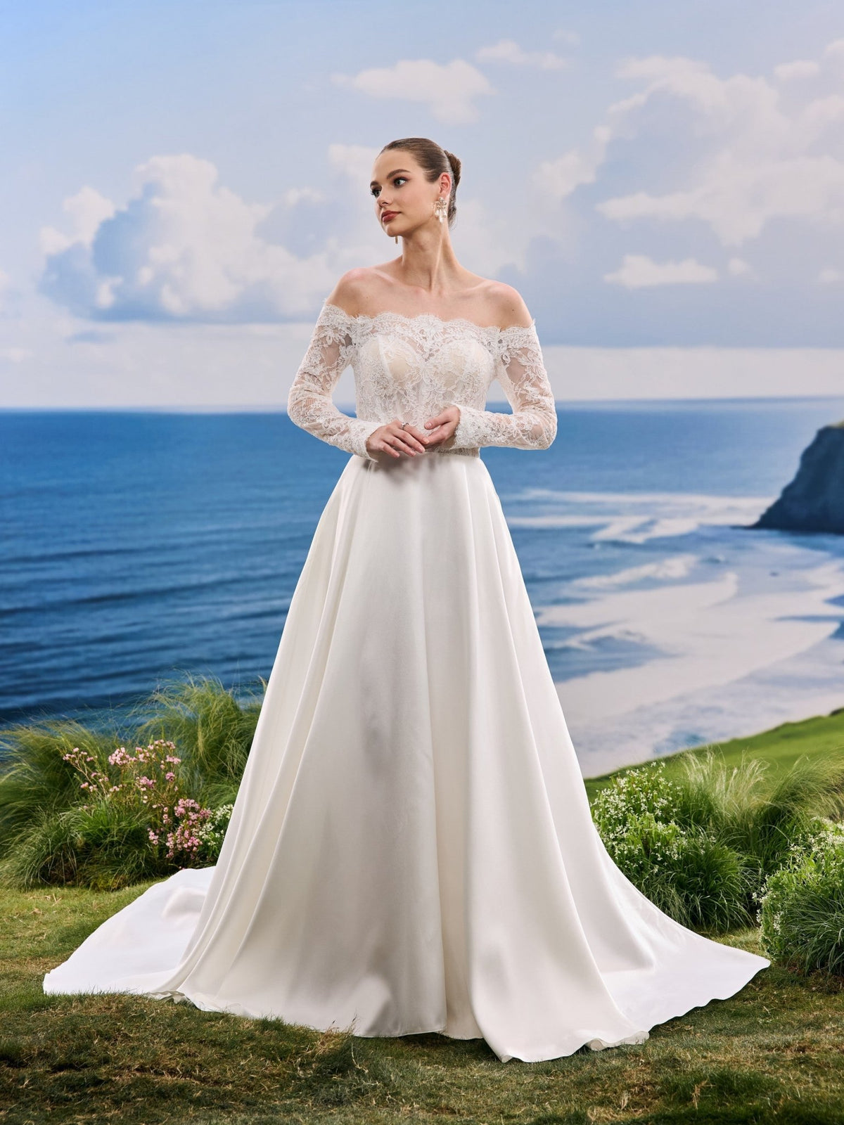 Nivelle white A-Line wedding dress, detail and alternate angle