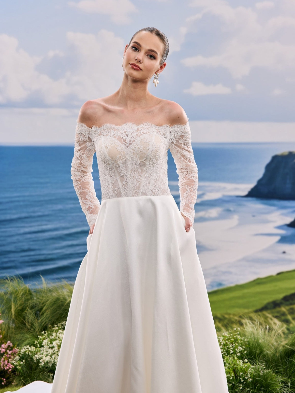 Nivelle white A-Line wedding dress, detail and alternate angle