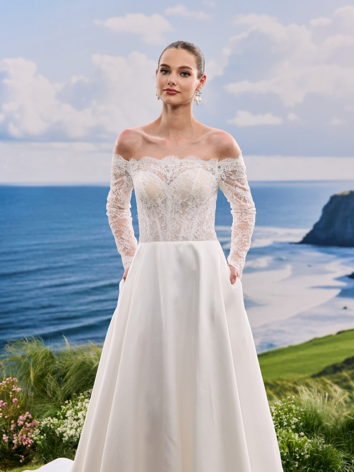 Nivelle white A-Line wedding dress, detail and alternate angle