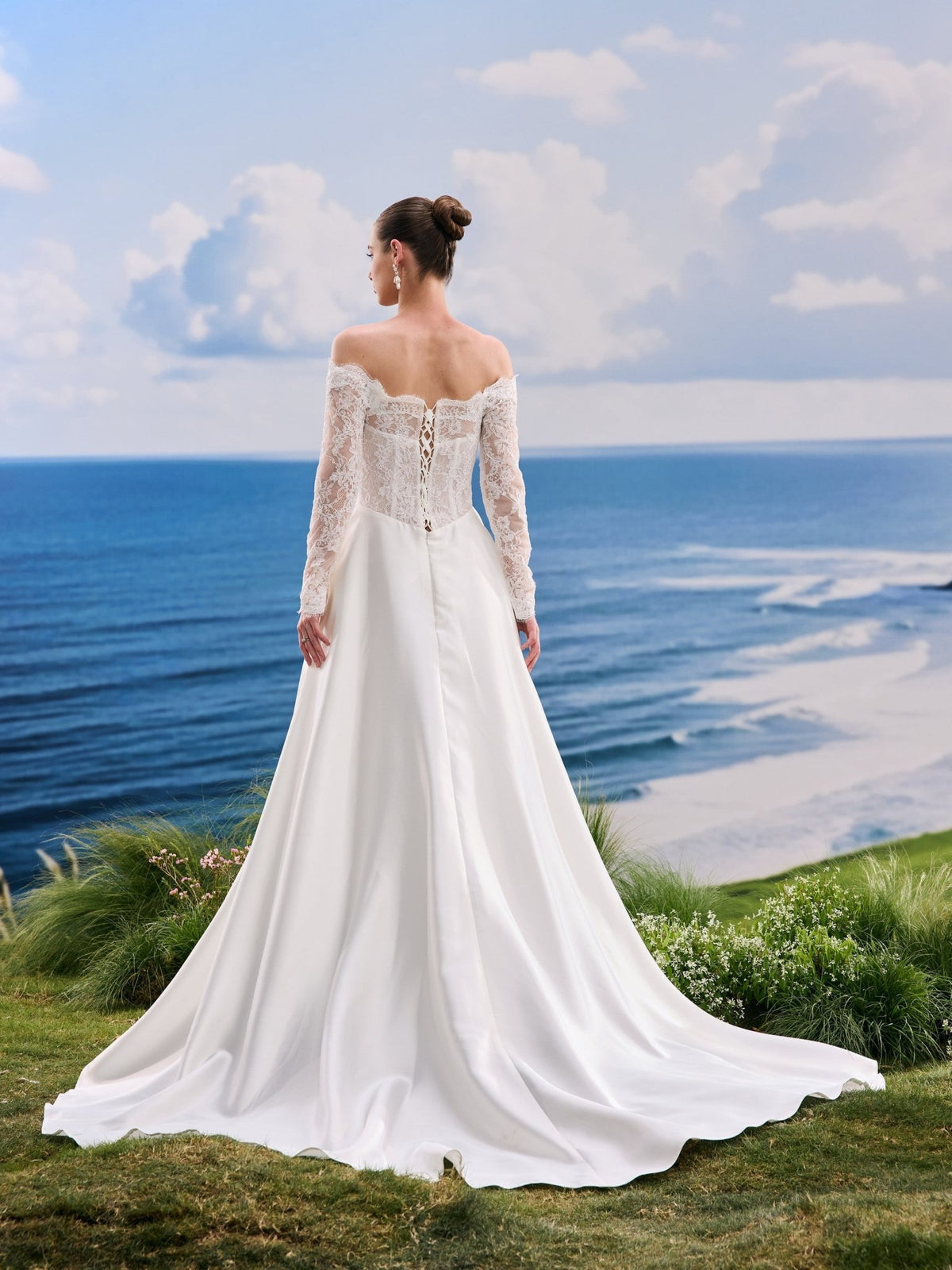 Nivelle white A-Line wedding dress, back view