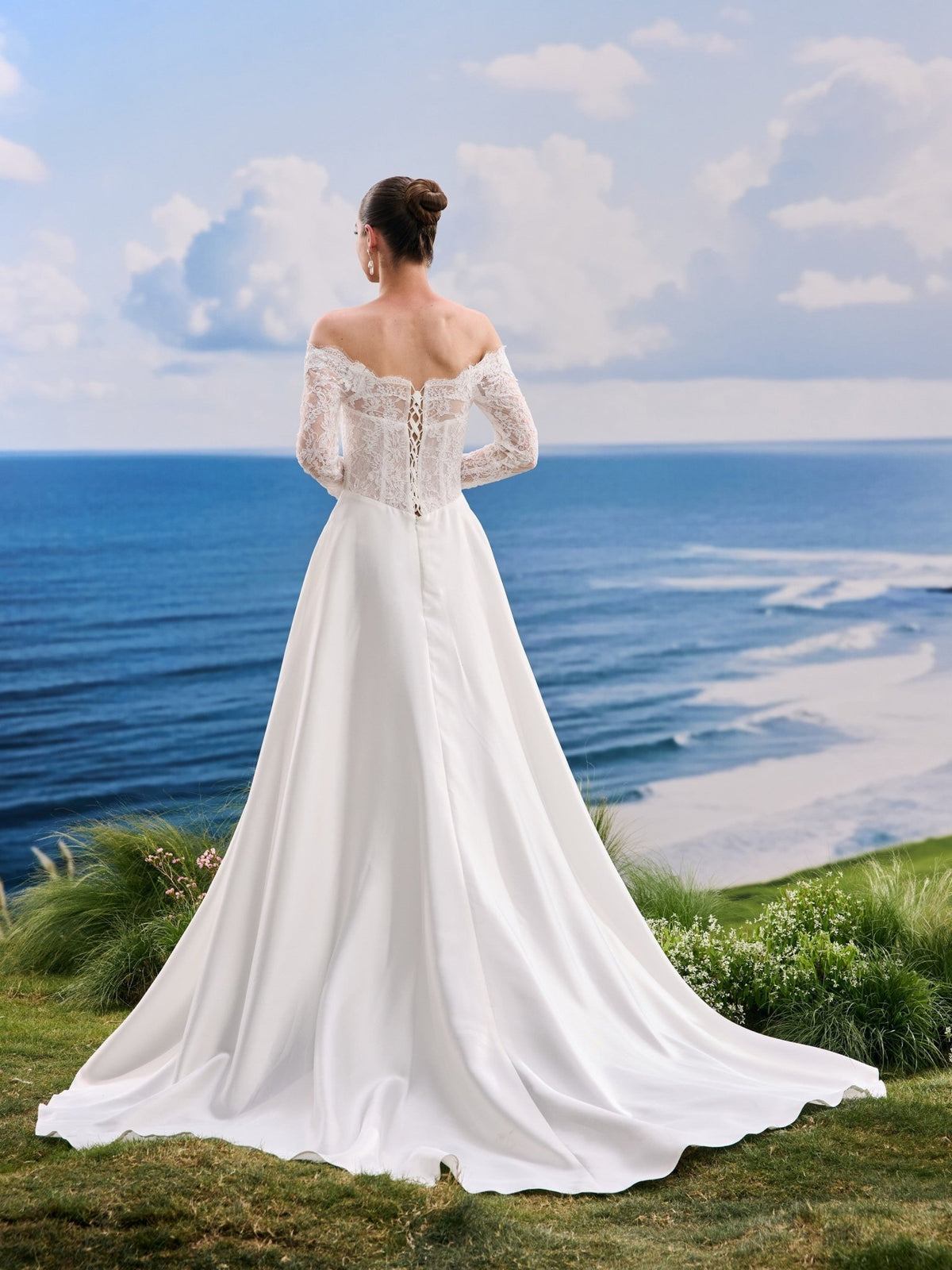 Nivelle white A-Line wedding dress, back view