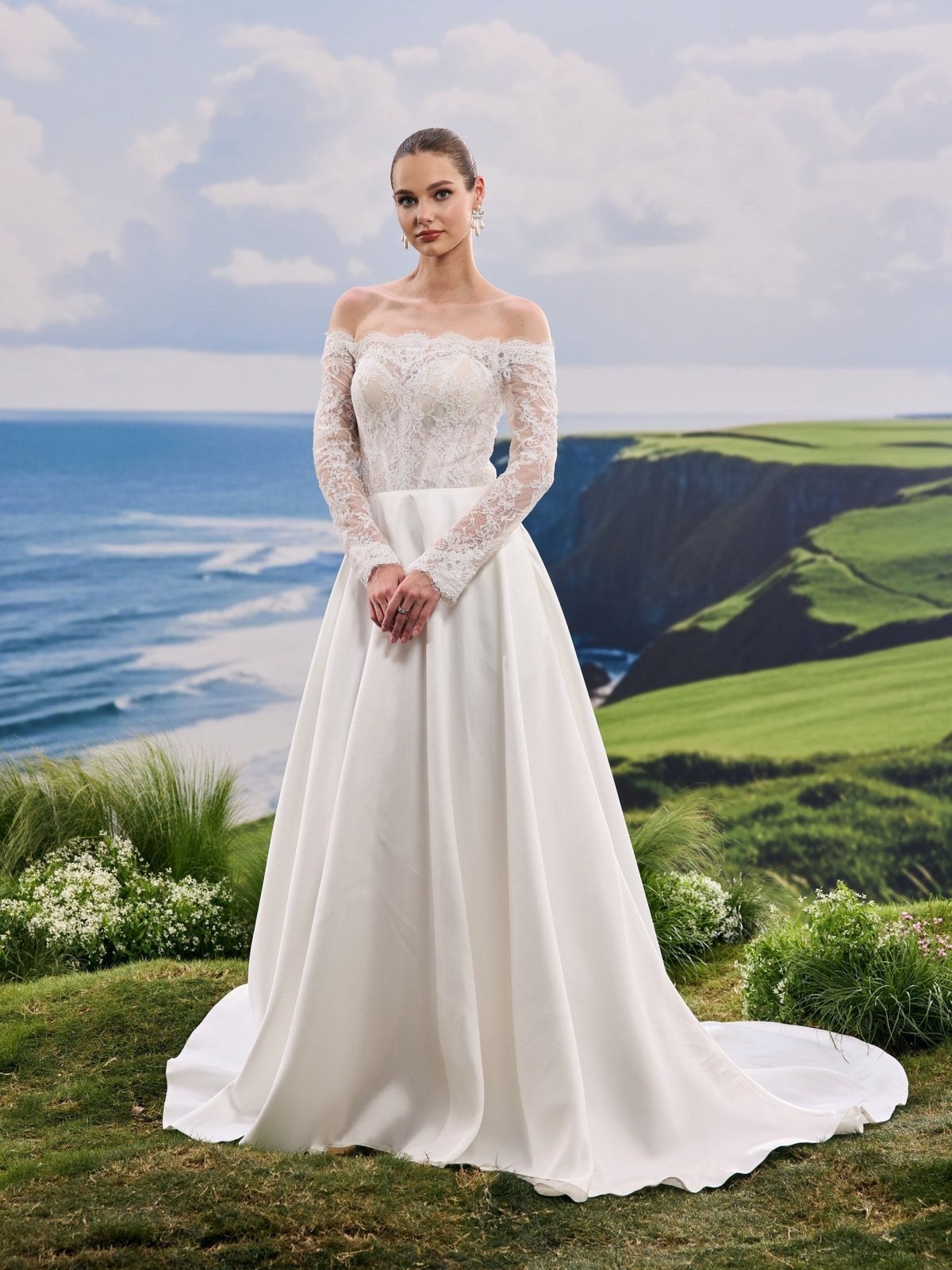 Nivelle white A-Line wedding dress, detail and alternate angle