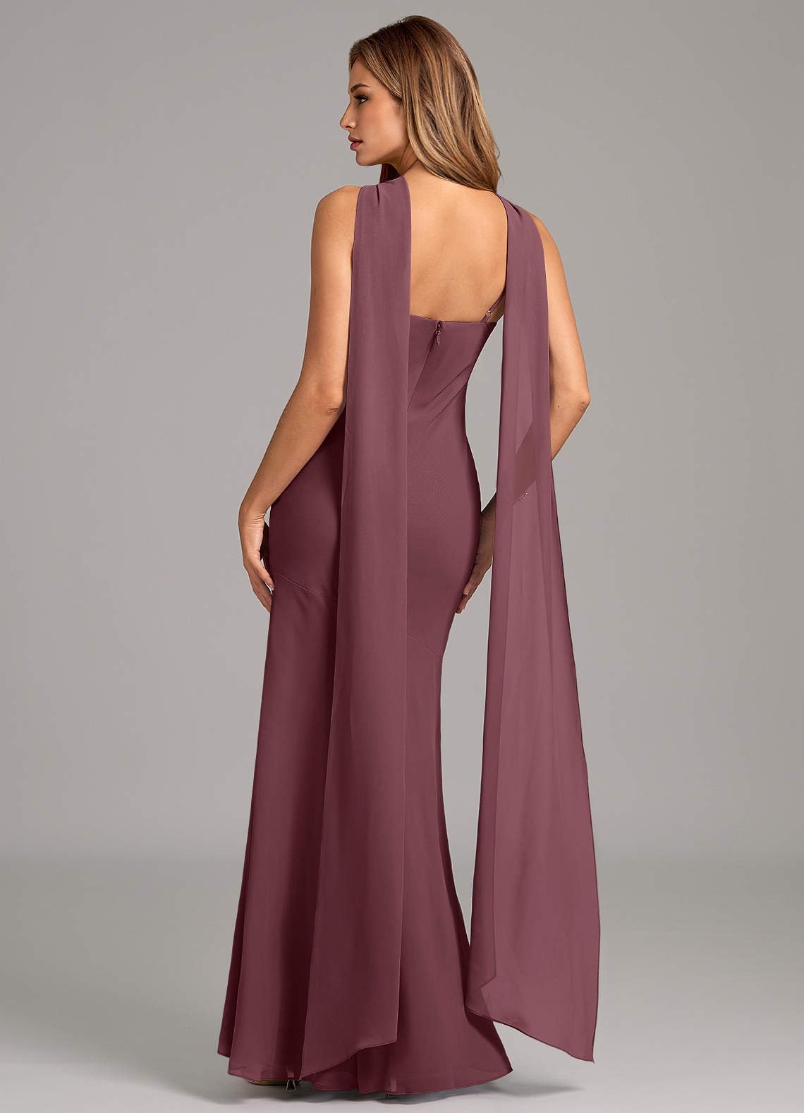 Kinsley Mermaid Halter Chiffon Bridesmaid Dress in Sangria