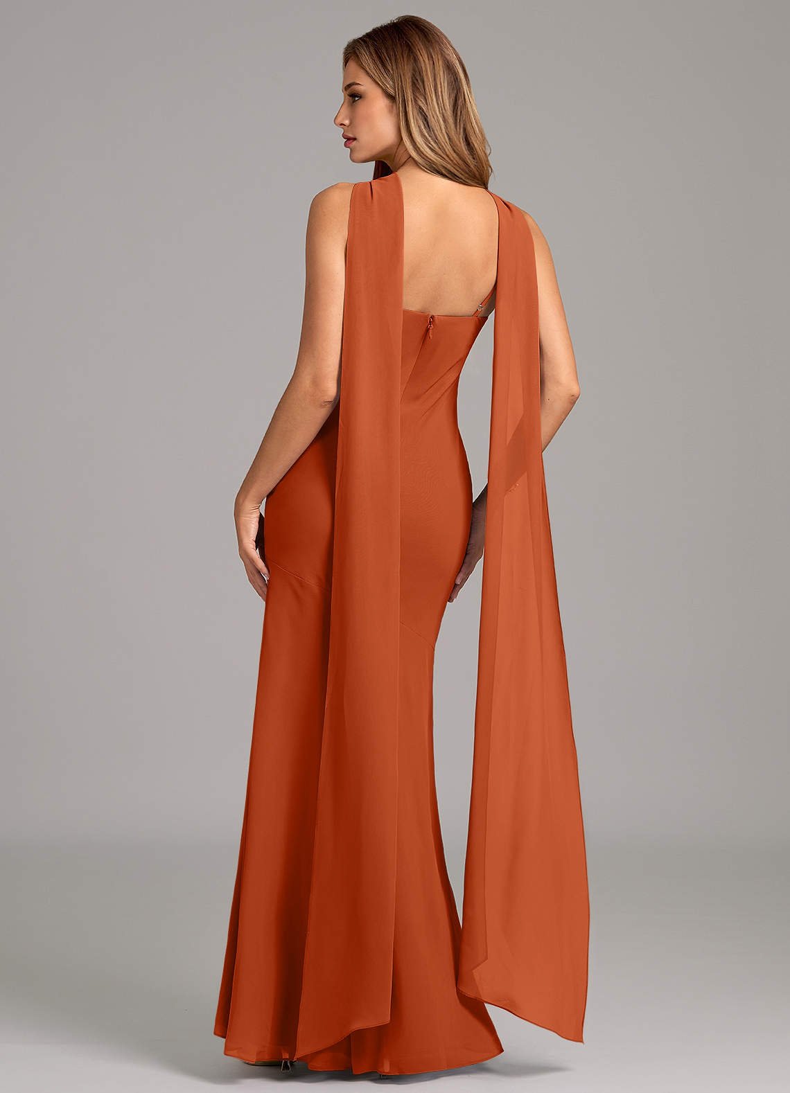 Kinsley Mermaid Halter Chiffon Bridesmaid Dress in Burnt Orange