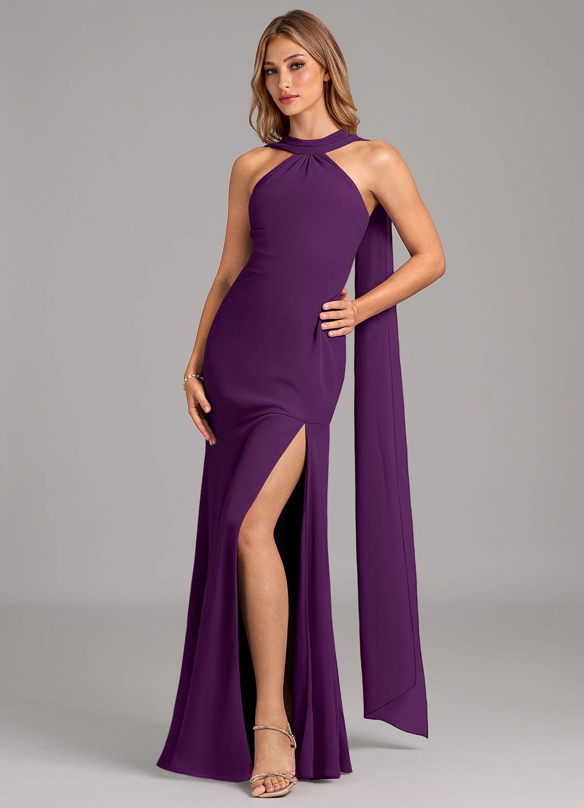 Kinsley Mermaid Halter Chiffon Bridesmaid Dress in Grape