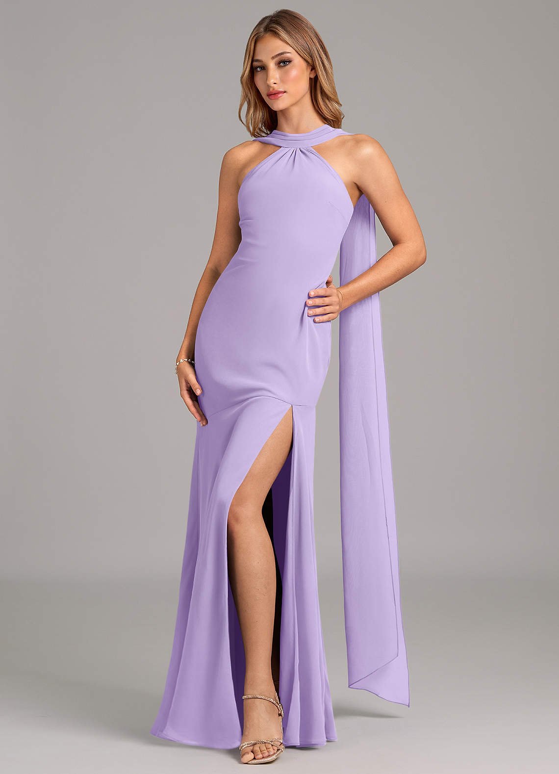 Kinsley Mermaid Halter Chiffon Bridesmaid Dress in Lilac