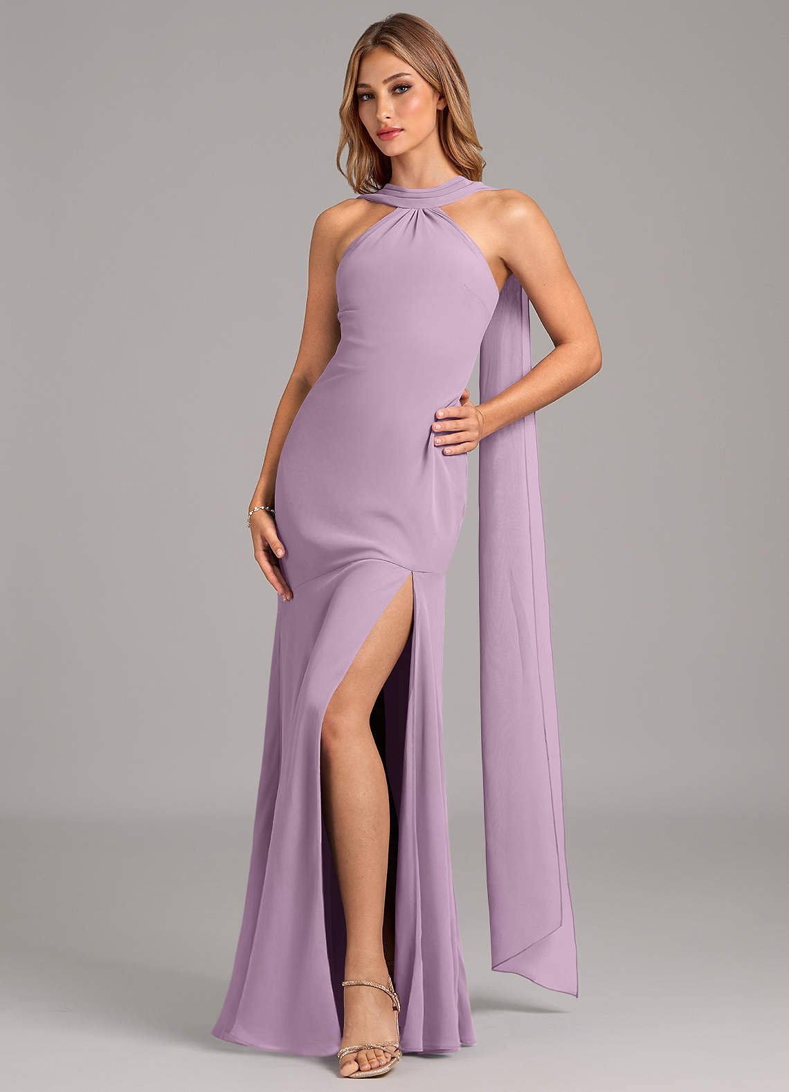 Kinsley Mermaid Halter Chiffon Bridesmaid Dress in Wisteria