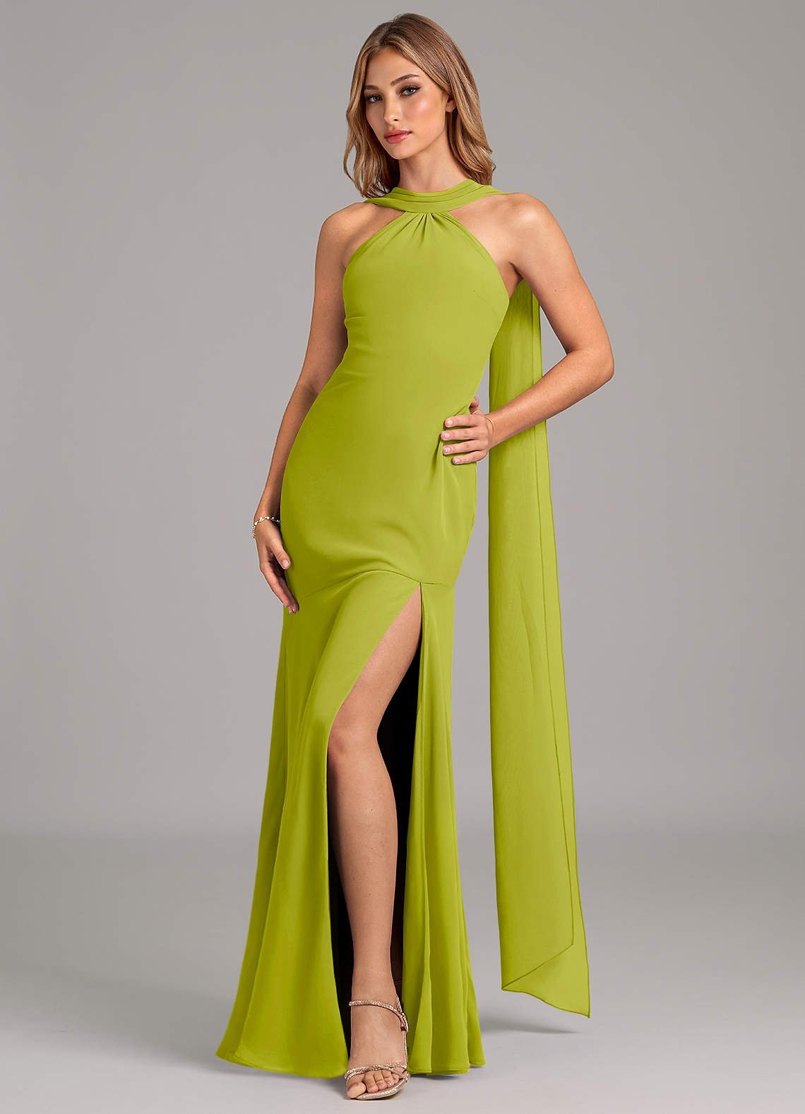 Kinsley Mermaid Halter Chiffon Bridesmaid Dress in Lemongrass