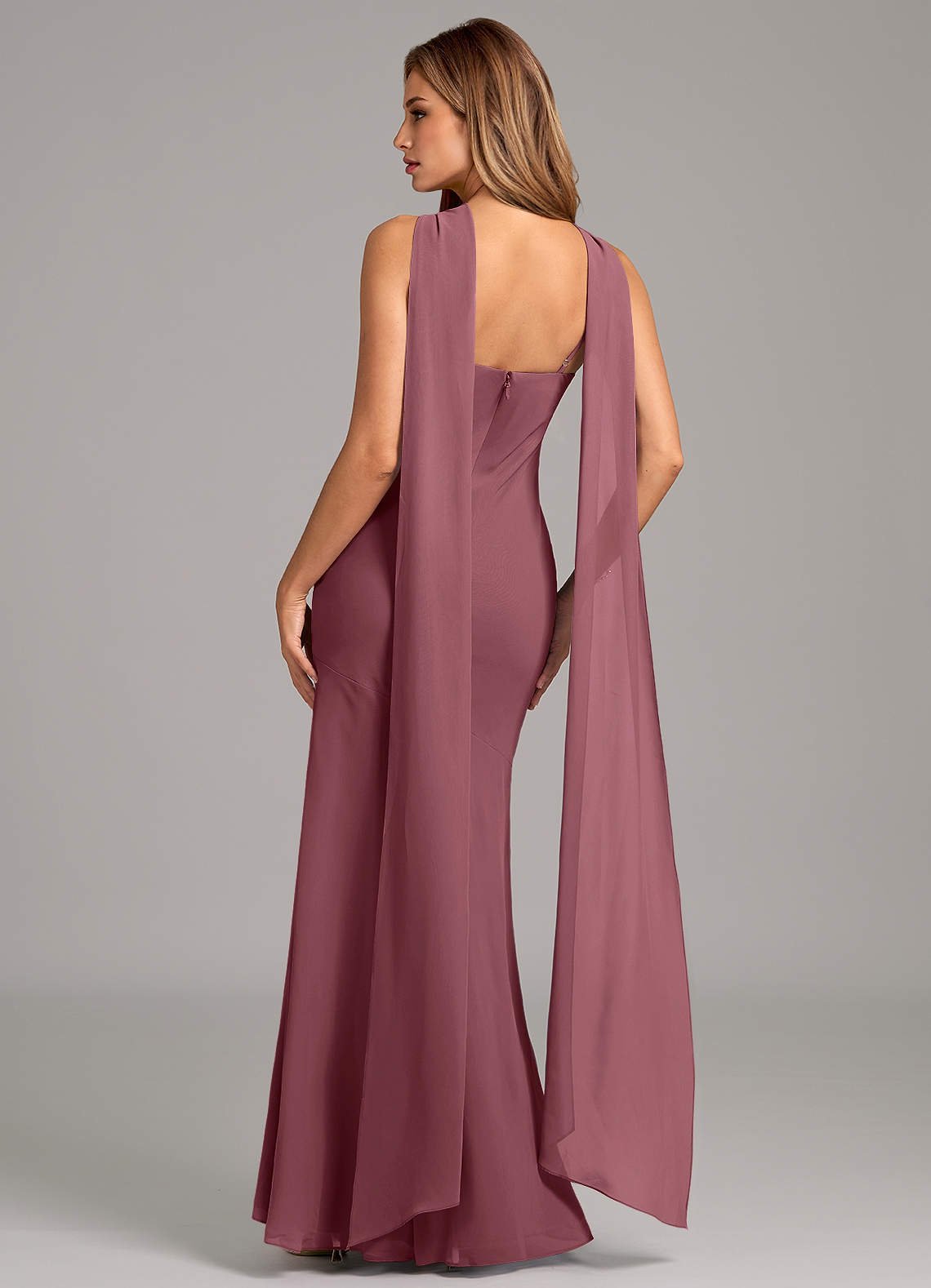 Kinsley Mermaid Halter Chiffon Bridesmaid Dress in Desert Rose