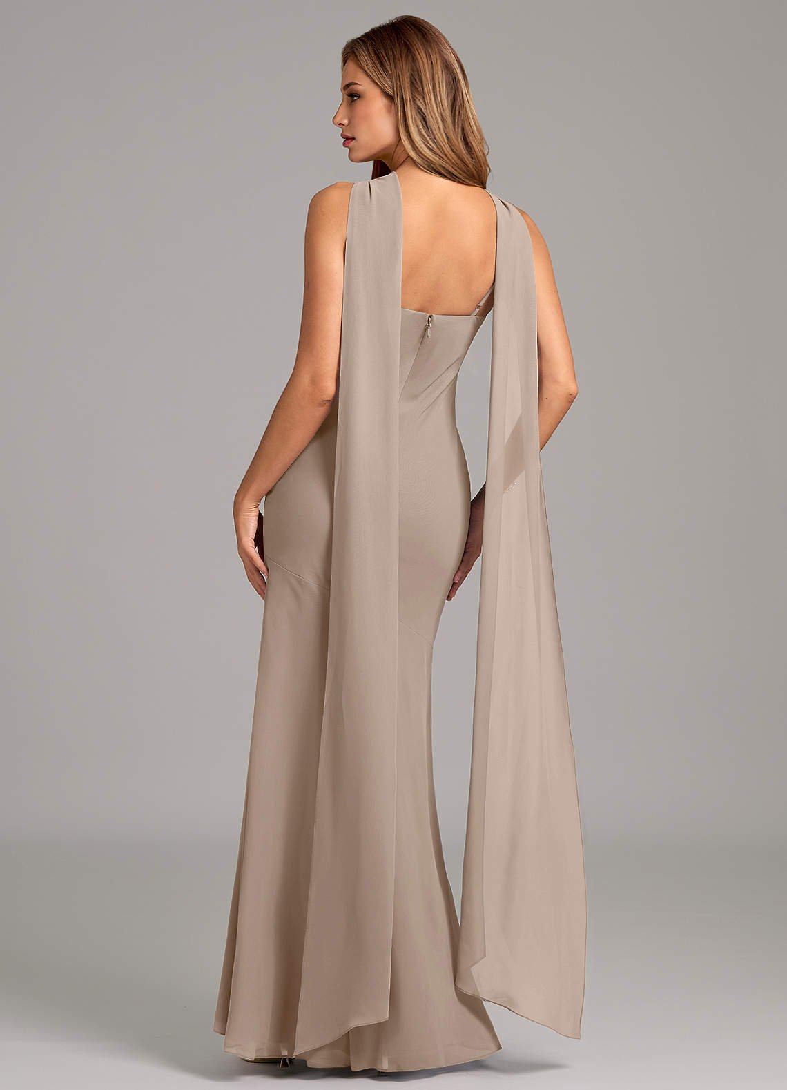 Kinsley Mermaid Halter Chiffon Bridesmaid Dress in Taupe
