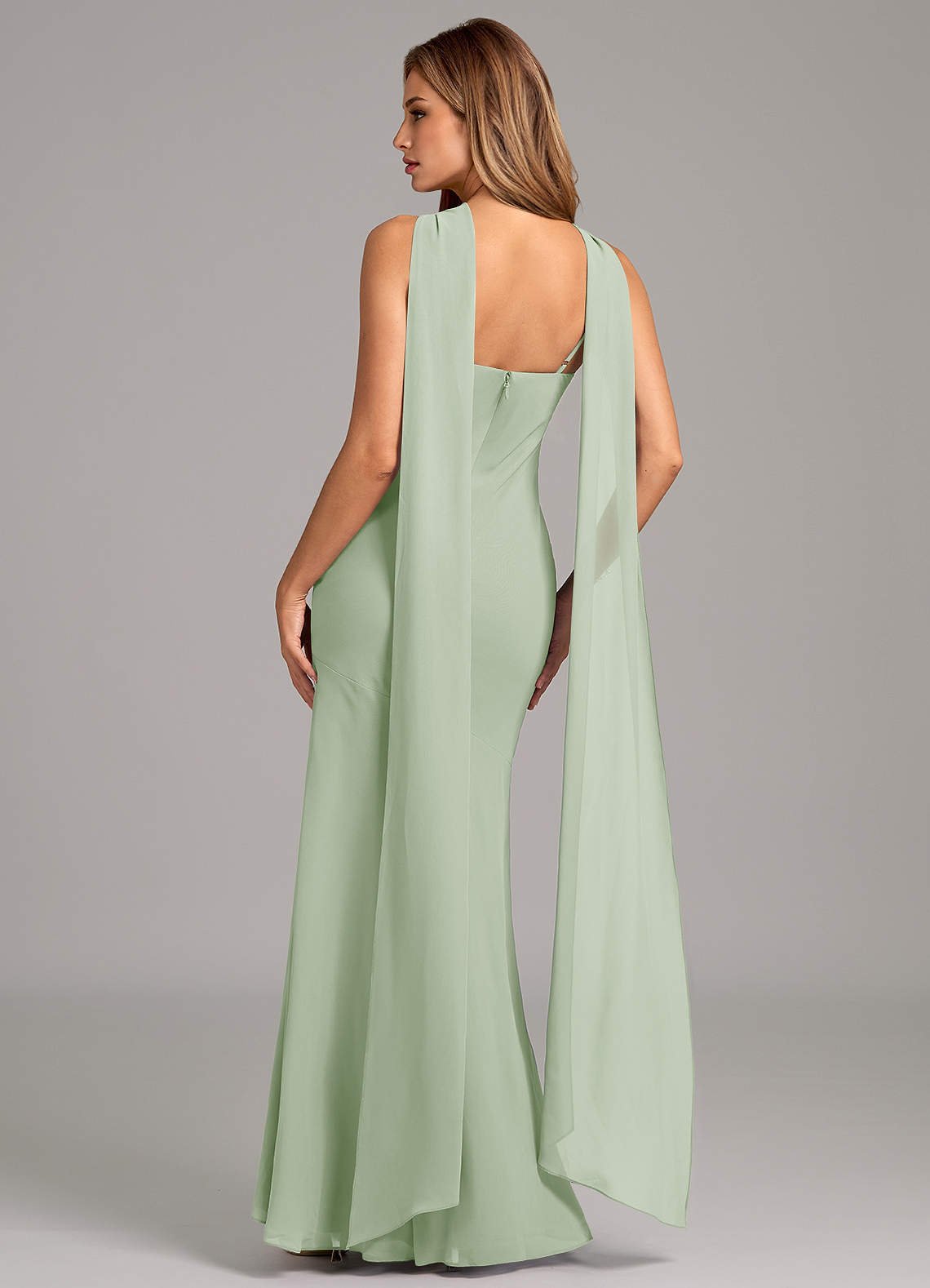 Kinsley Mermaid Halter Chiffon Bridesmaid Dress in Dusty Sage