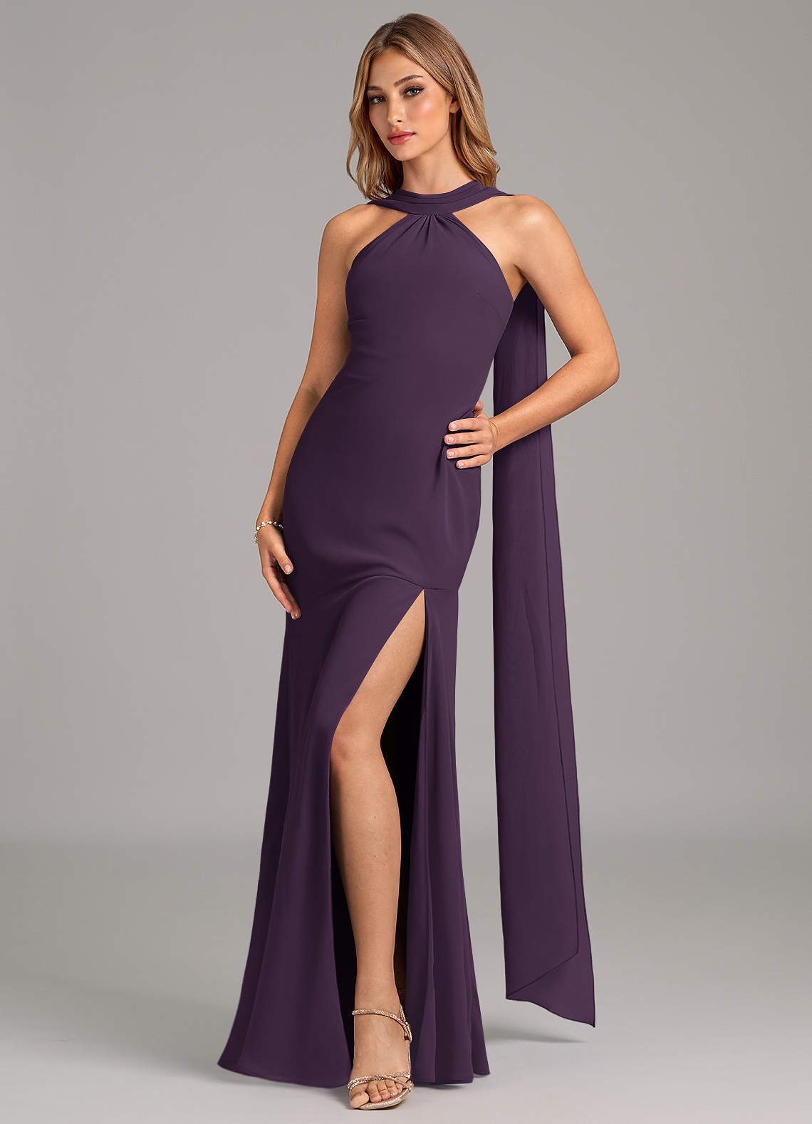 Kinsley Mermaid Halter Chiffon Bridesmaid Dress in Plum