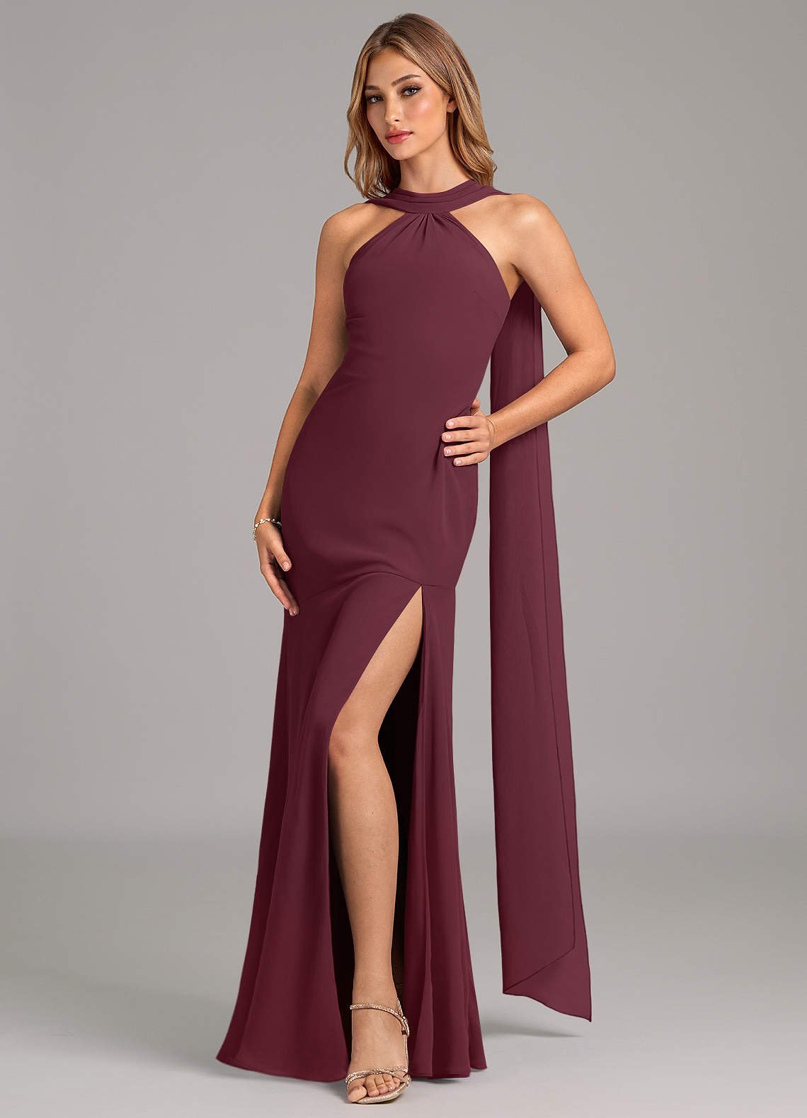 Kinsley Mermaid Halter Chiffon Bridesmaid Dress in Cabernet