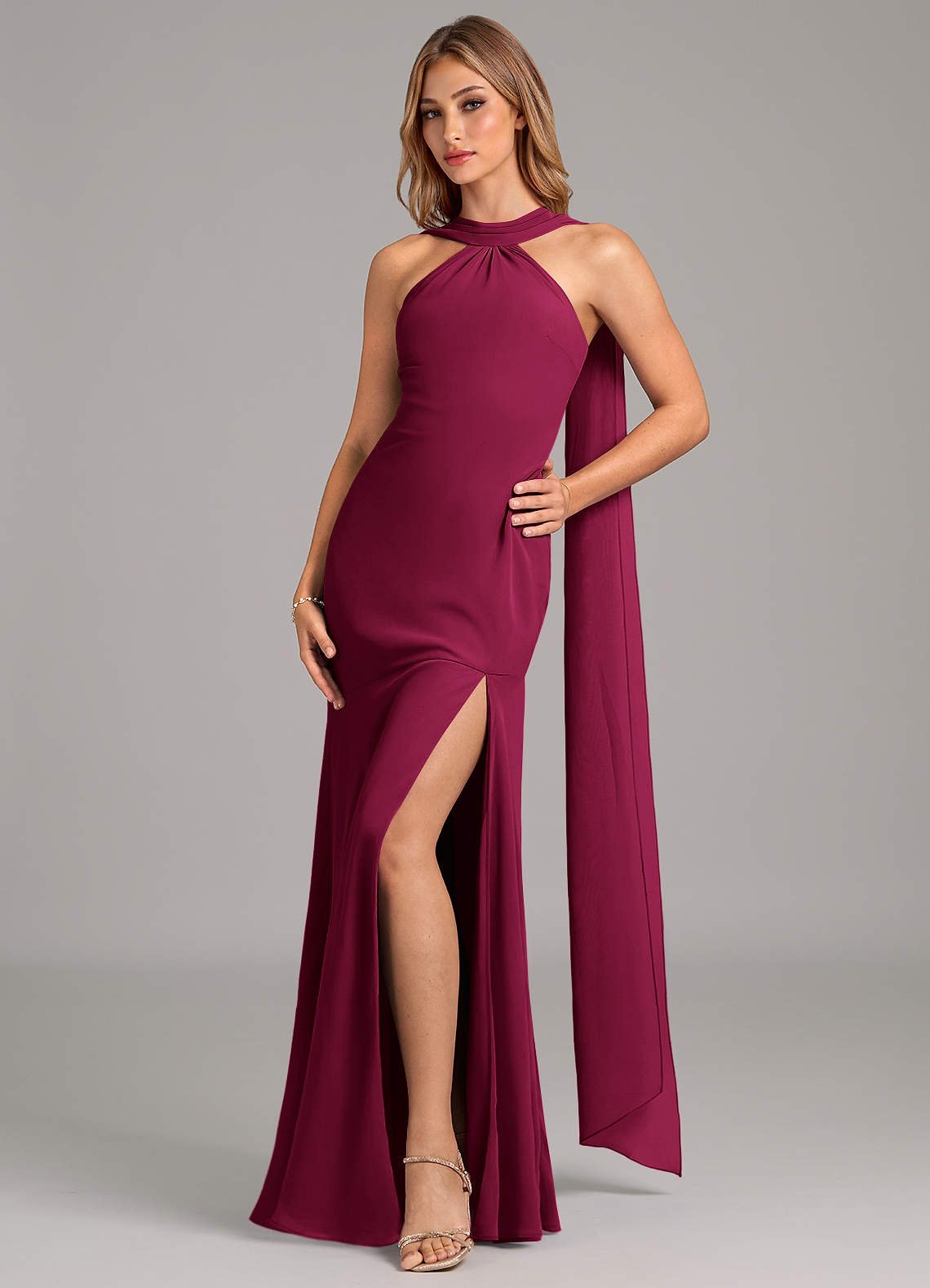 Kinsley Mermaid Halter Chiffon Bridesmaid Dress in Burgundy