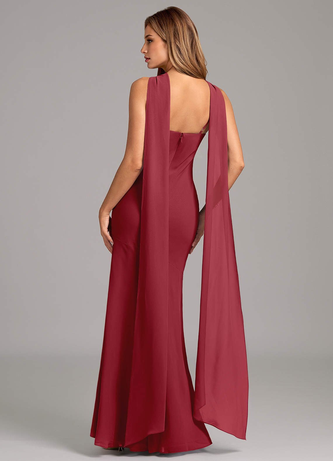 Kinsley Mermaid Halter Chiffon Bridesmaid Dress in Pomegranate