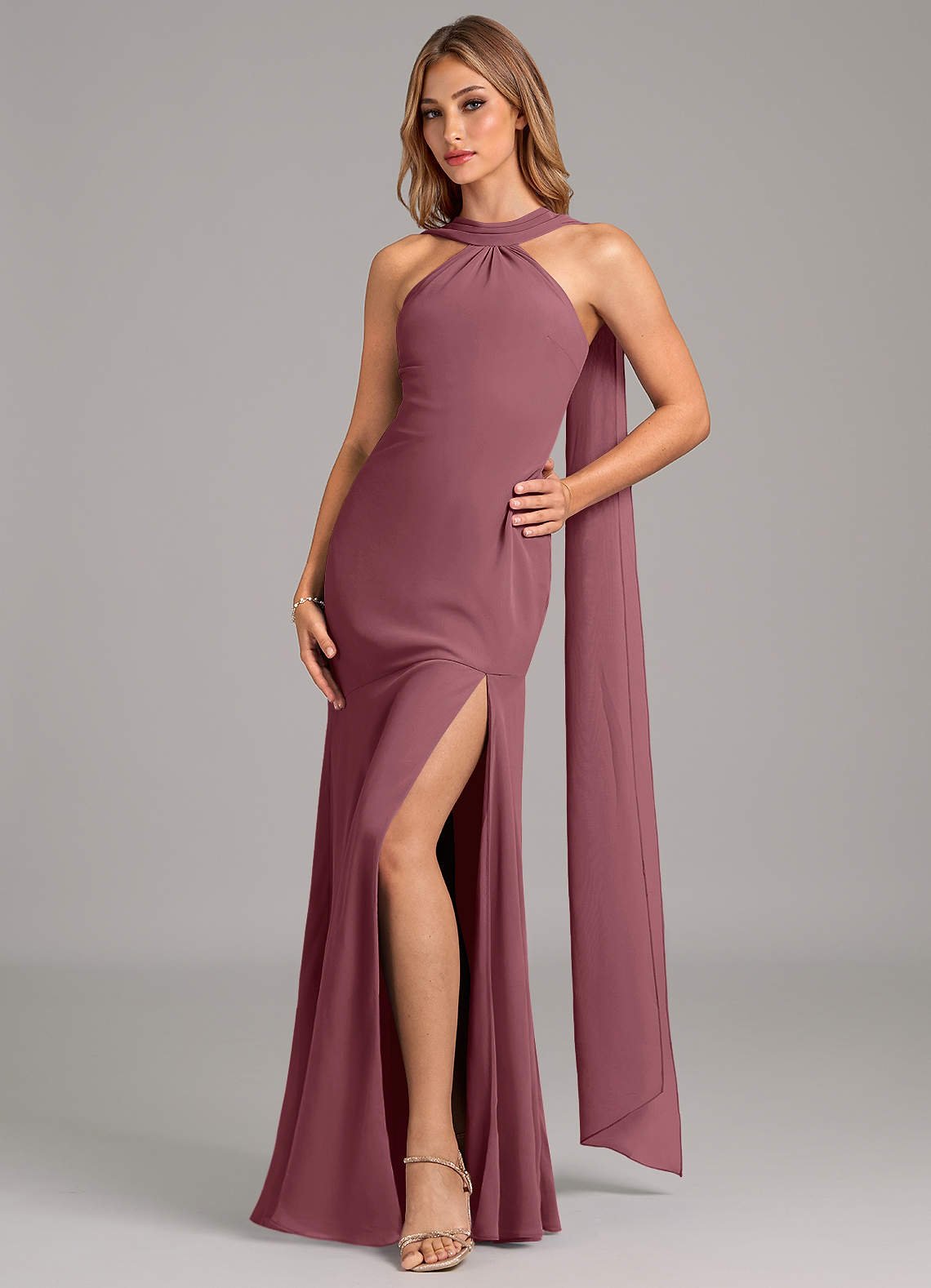 Kinsley Mermaid Halter Chiffon Bridesmaid Dress in Desert Rose