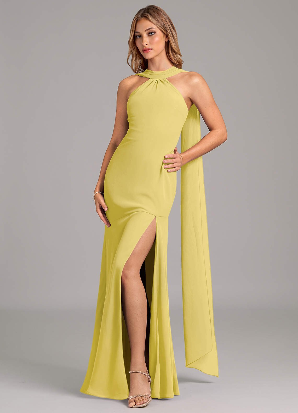 Kinsley Mermaid Halter Chiffon Bridesmaid Dress in Canary
