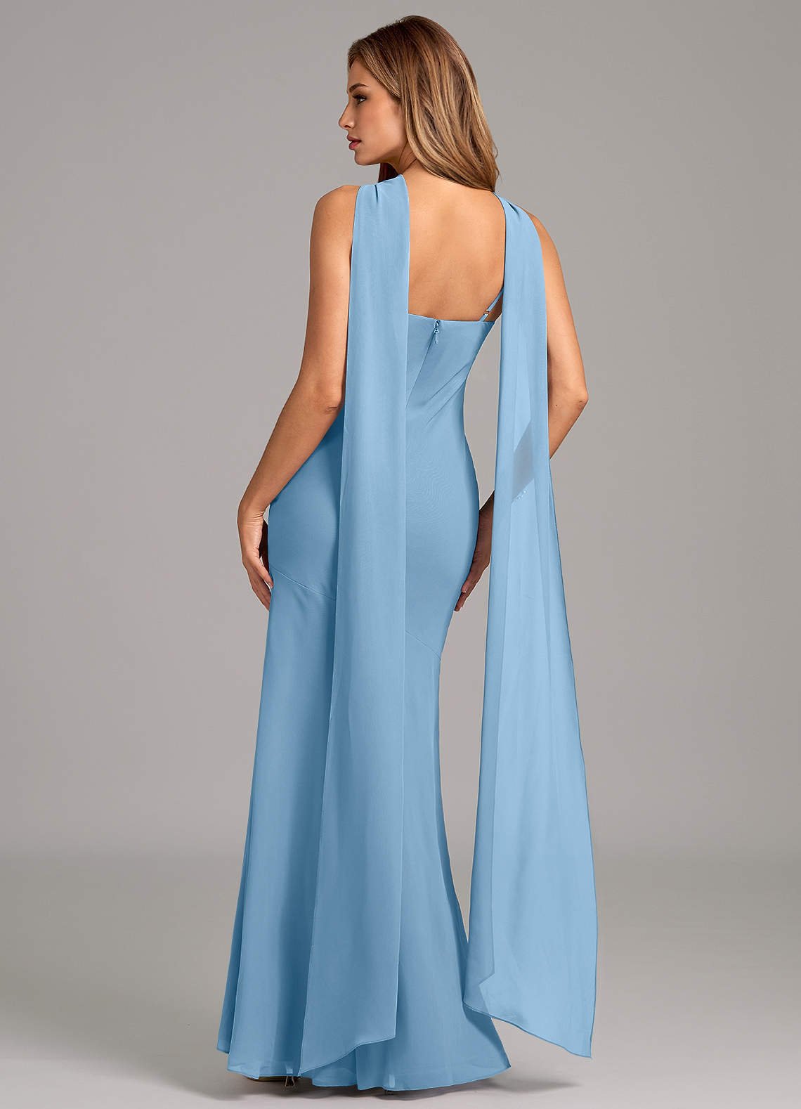 Kinsley Mermaid Halter Chiffon Bridesmaid Dress in Steel Blue