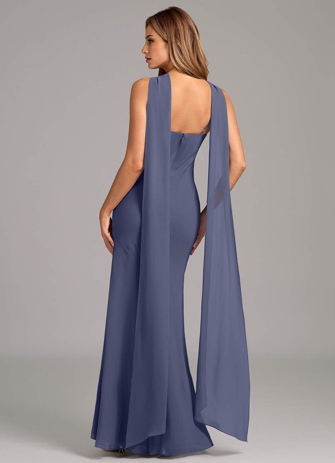 Kinsley Mermaid Halter Chiffon Bridesmaid Dress in Stormy