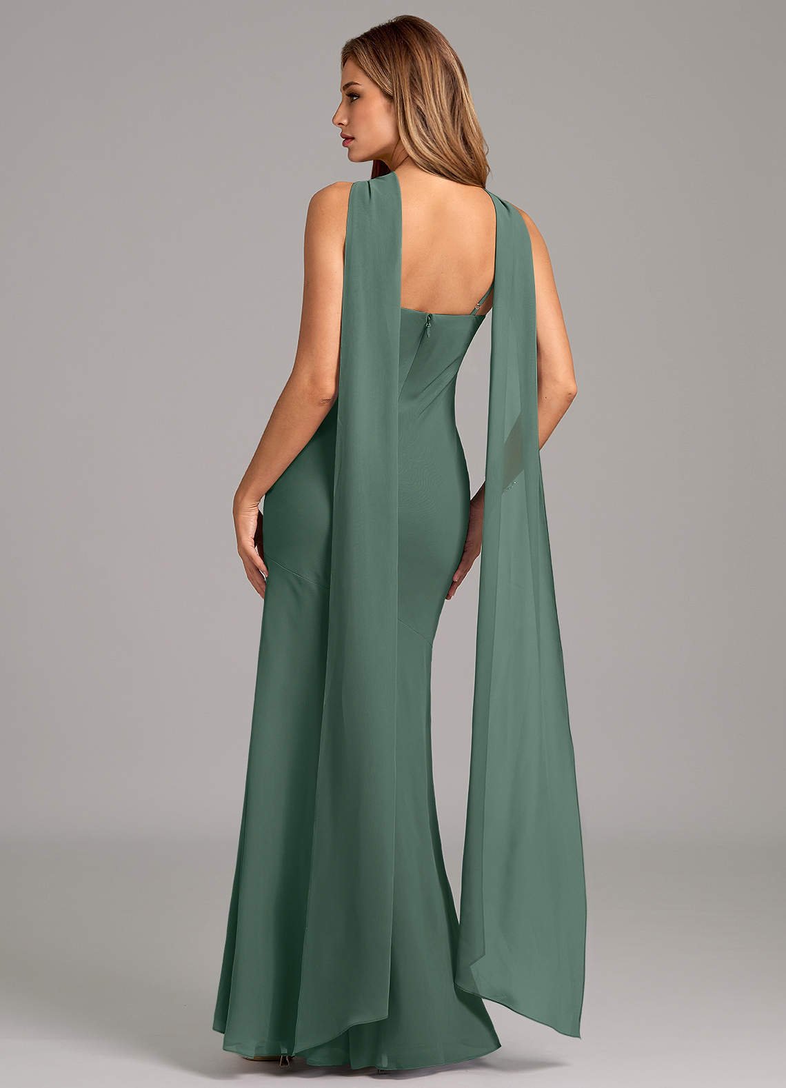 Kinsley Mermaid Halter Chiffon Bridesmaid Dress in Sea Moss