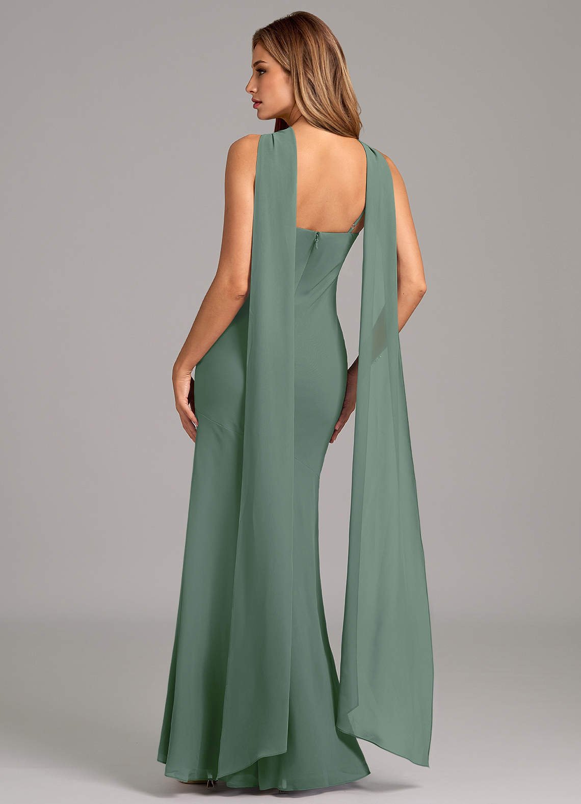 Kinsley Mermaid Halter Chiffon Bridesmaid Dress in Eucalyptus