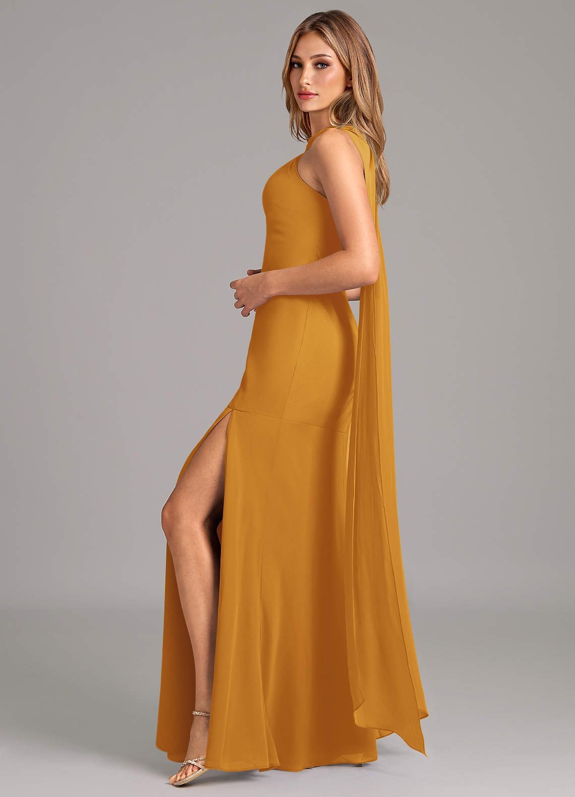 Kinsley Mermaid Halter Chiffon Bridesmaid Dress in butterscotch