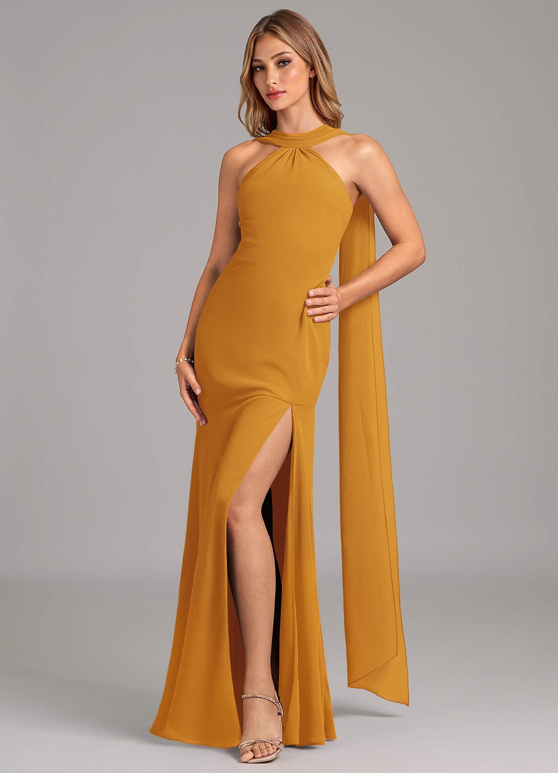 Kinsley Mermaid Halter Chiffon Bridesmaid Dress in butterscotch