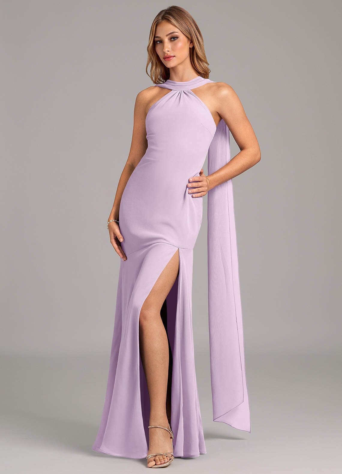 Kinsley Mermaid Halter Chiffon Bridesmaid Dress in Frosted Lilac