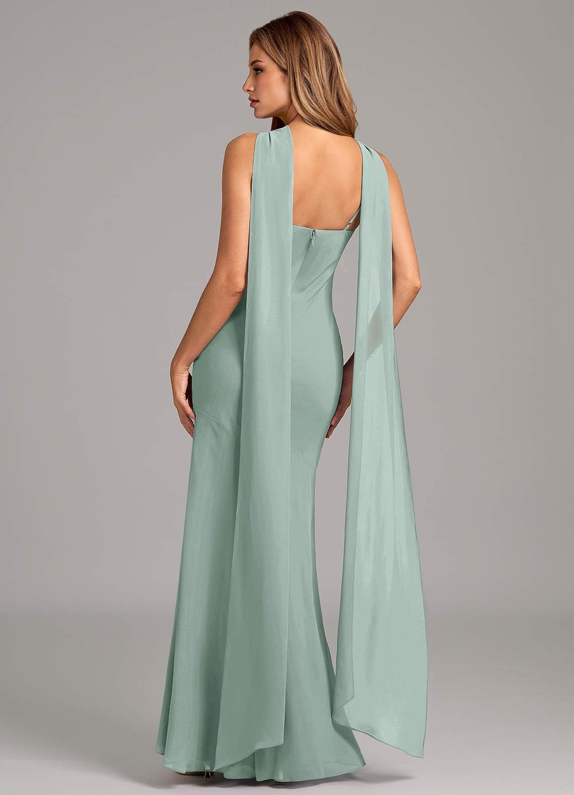 Kinsley Mermaid Halter Chiffon Bridesmaid Dress in Agave