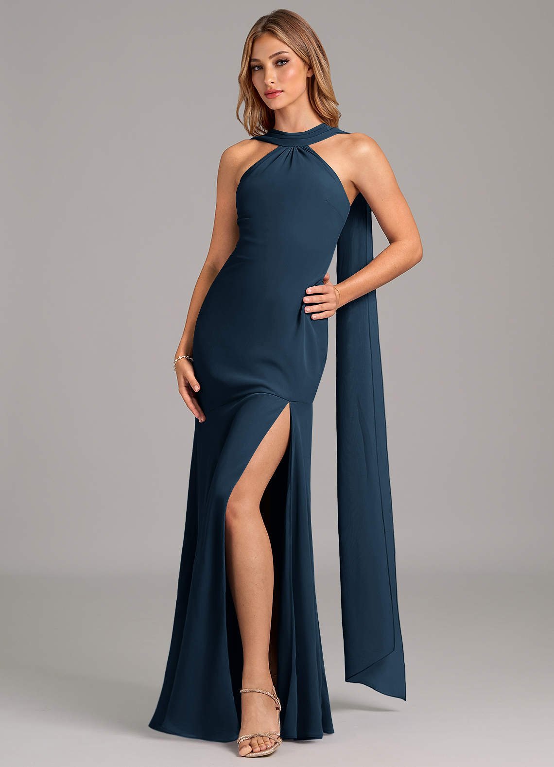 Kinsley Mermaid Halter Chiffon Bridesmaid Dress in Dark Navy