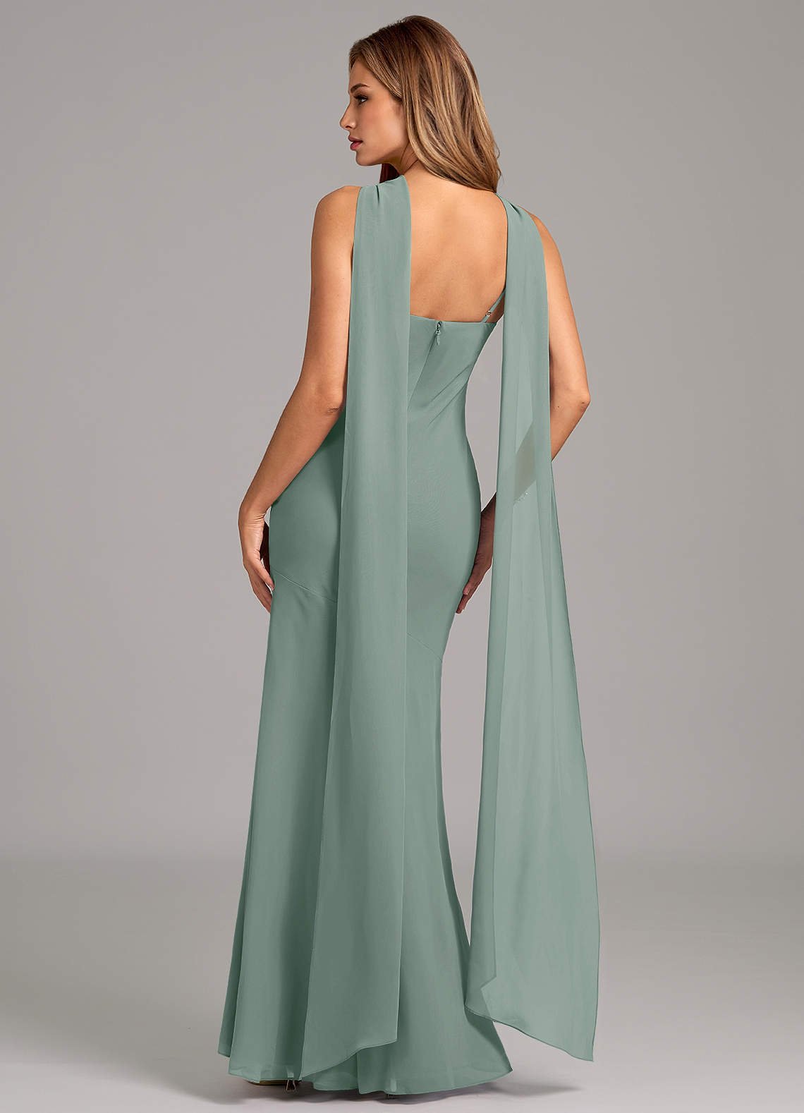 Kinsley Mermaid Halter Chiffon Bridesmaid Dress in Silver Sage
