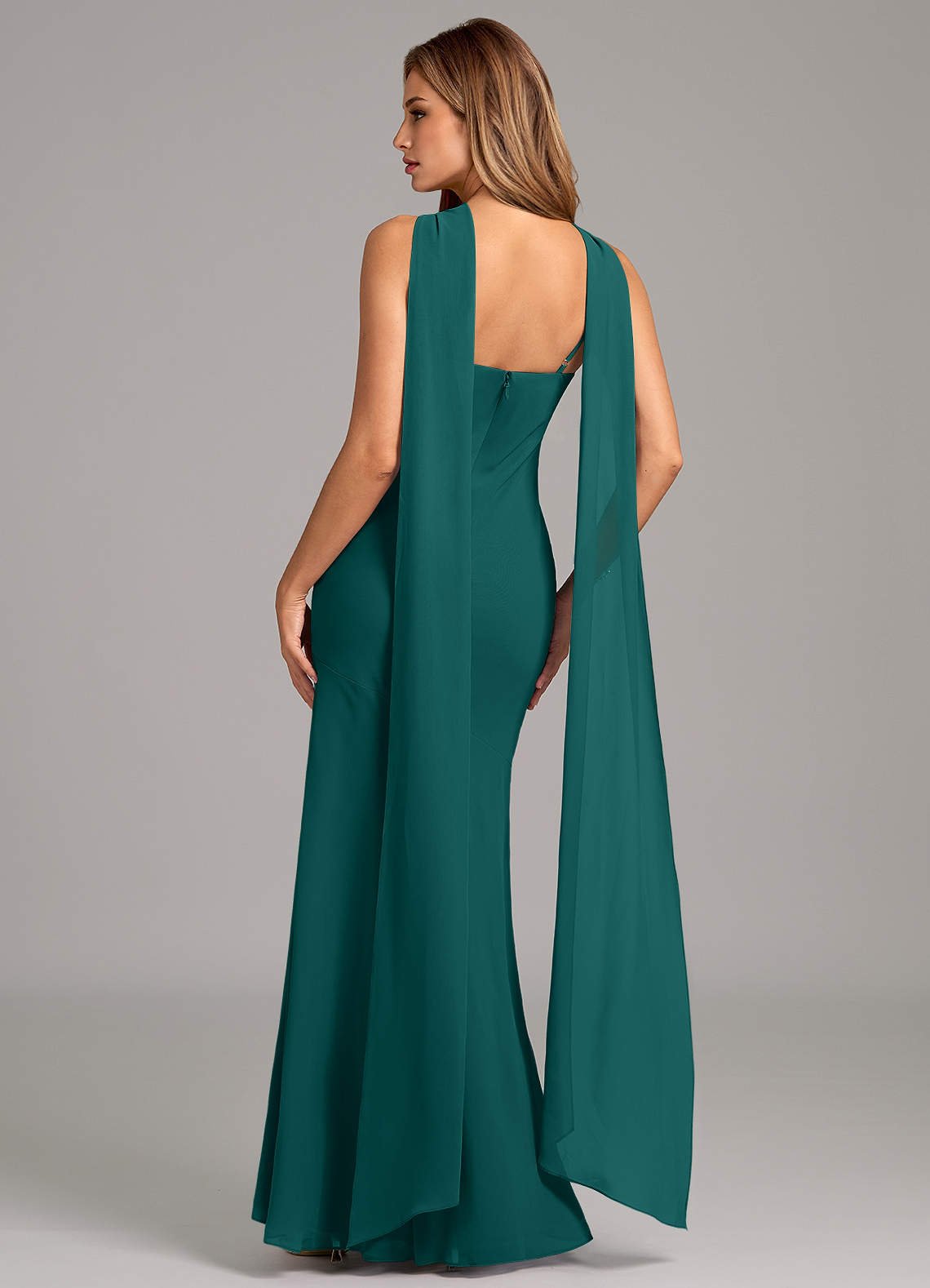Kinsley Mermaid Halter Chiffon Bridesmaid Dress in Peacock