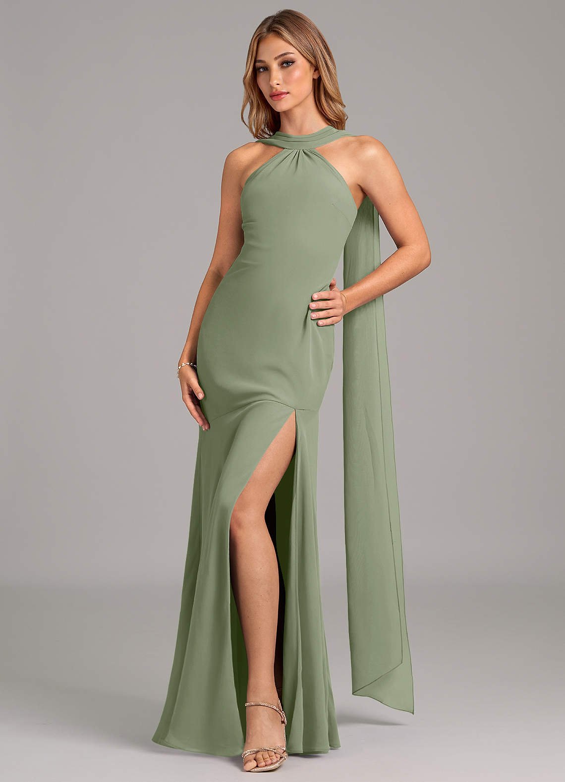 Kinsley Mermaid Halter Chiffon Bridesmaid Dress in Pistachio