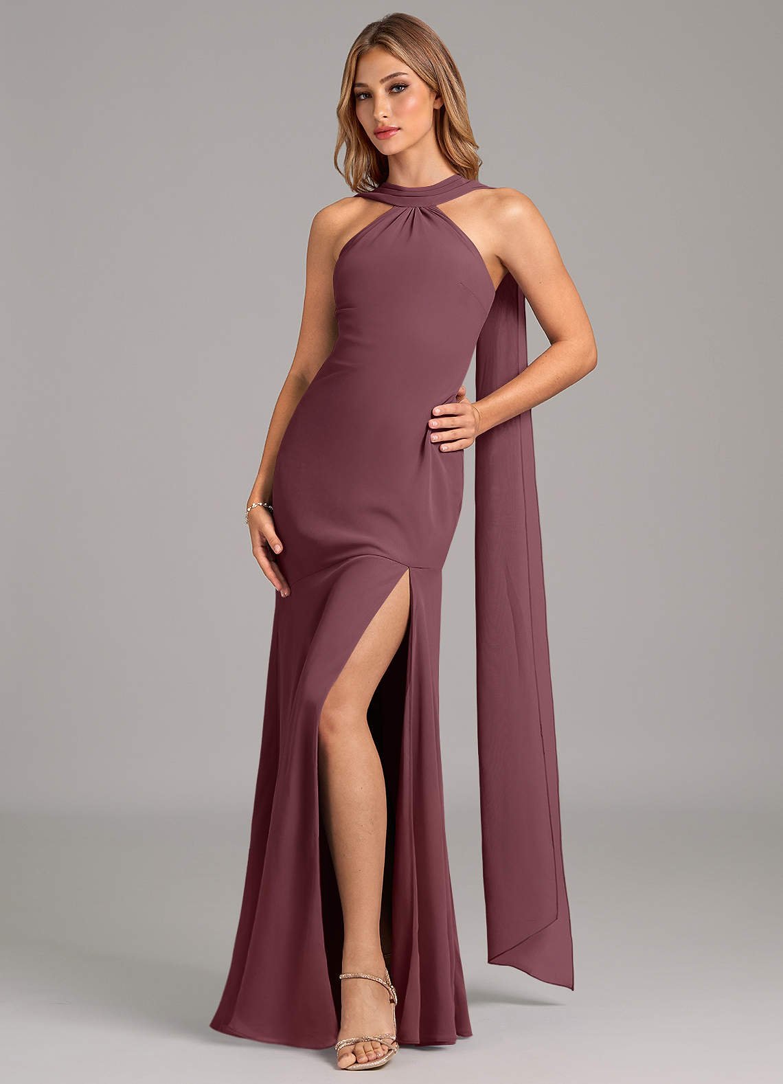 Kinsley Mermaid Halter Chiffon Bridesmaid Dress in Sangria