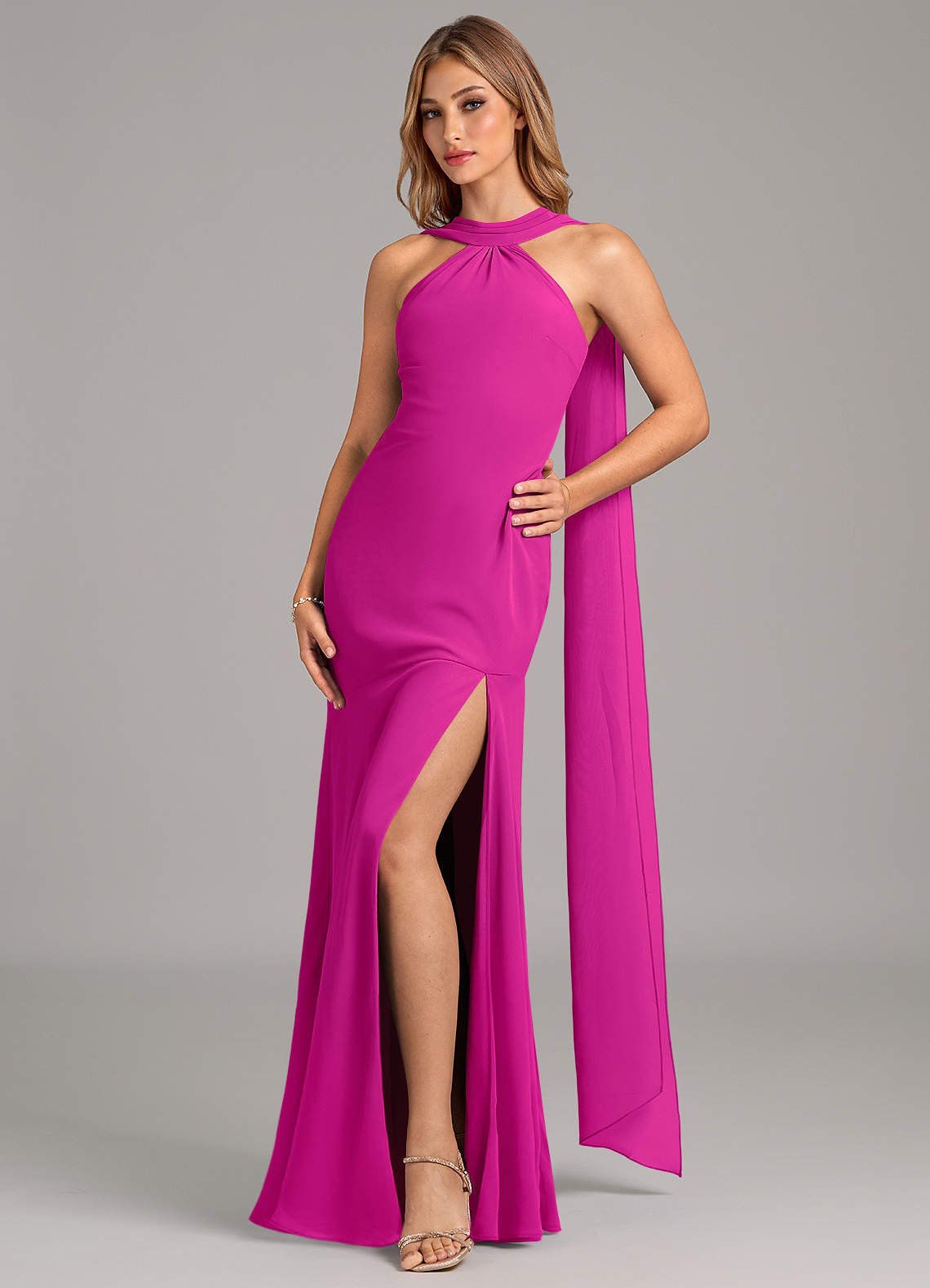 Kinsley Mermaid Halter Chiffon Bridesmaid Dress in Fuchsia
