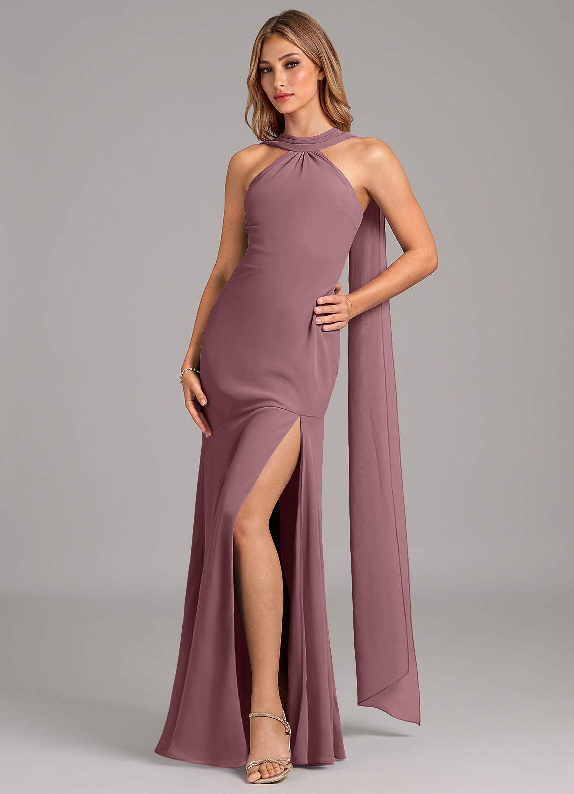 Kinsley Mermaid Halter Chiffon Bridesmaid Dress in Amethyst