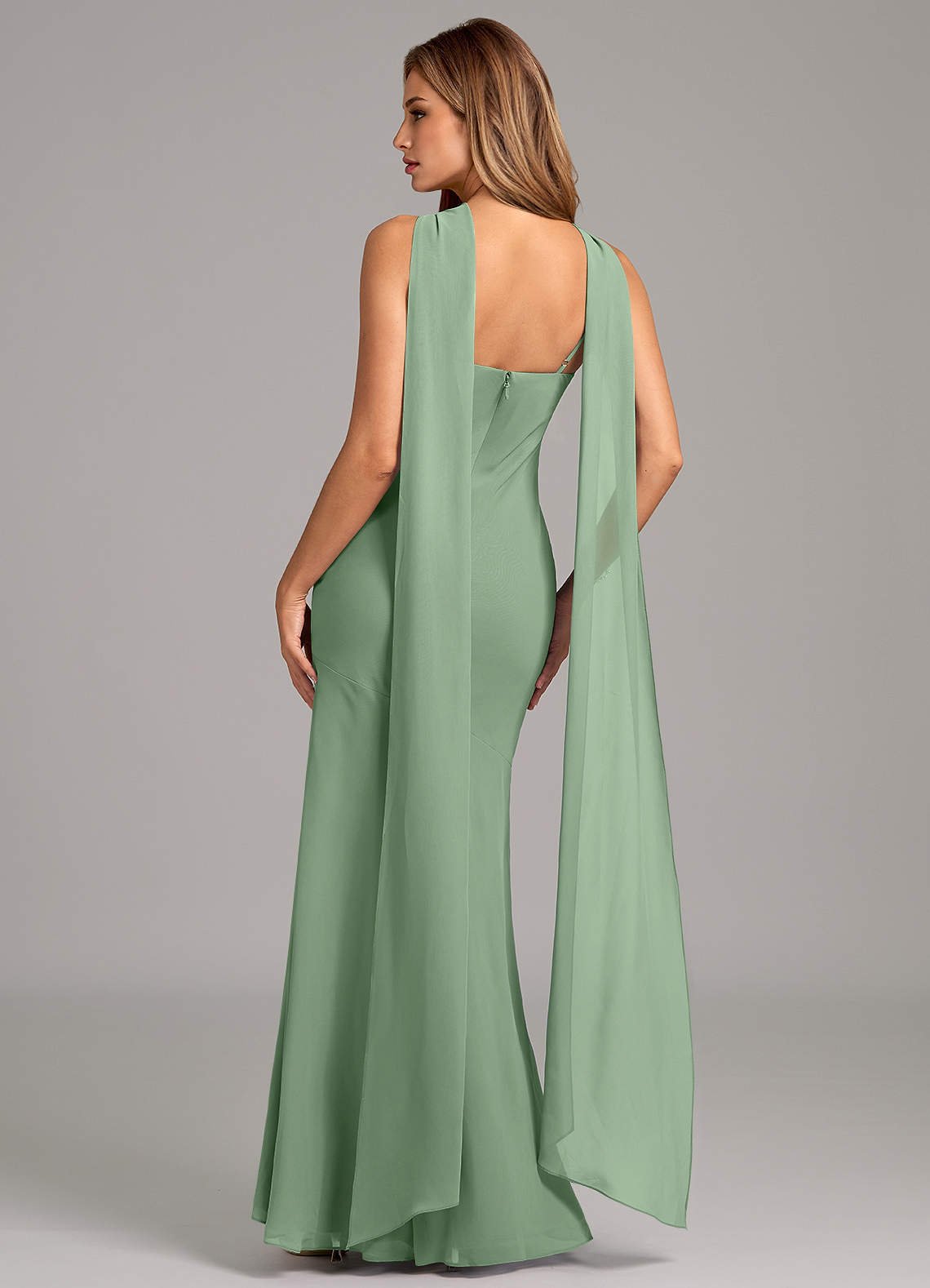 Kinsley Mermaid Halter Chiffon Bridesmaid Dress in Matcha