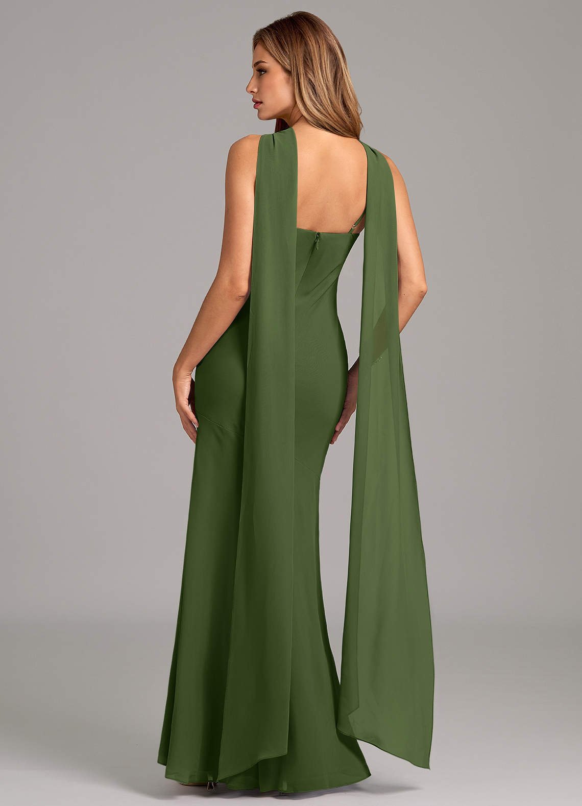 Kinsley Mermaid Halter Chiffon Bridesmaid Dress in Olive